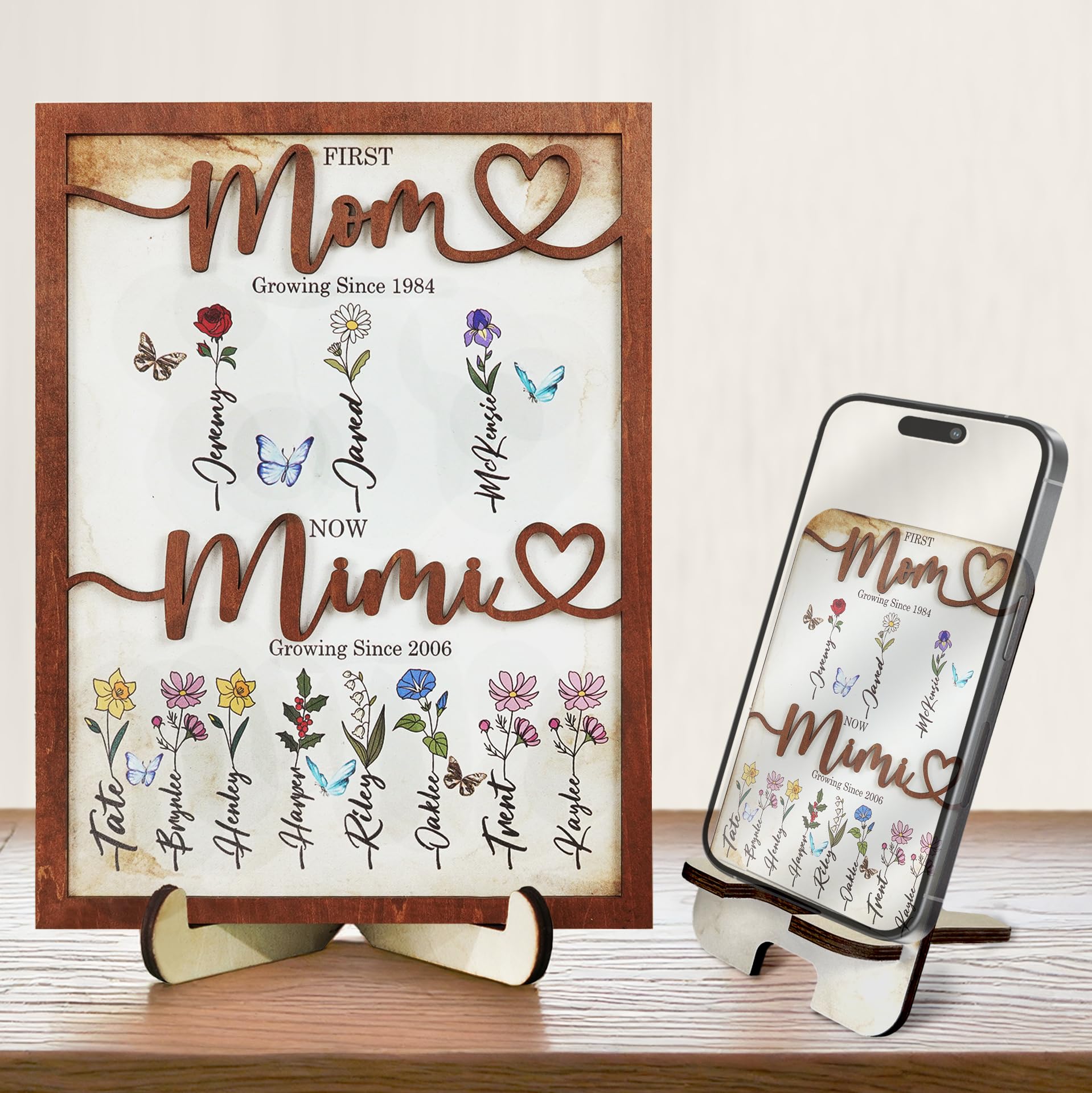 First Mom Now Grandma Wood Frame with Phone Stand Gifts Mothers Day New Grandmother Custom Grandma's Garden Plaque Birth Month Flowers Sign with Grandkids Names, Birthday Gift for Nana, Dog Cat