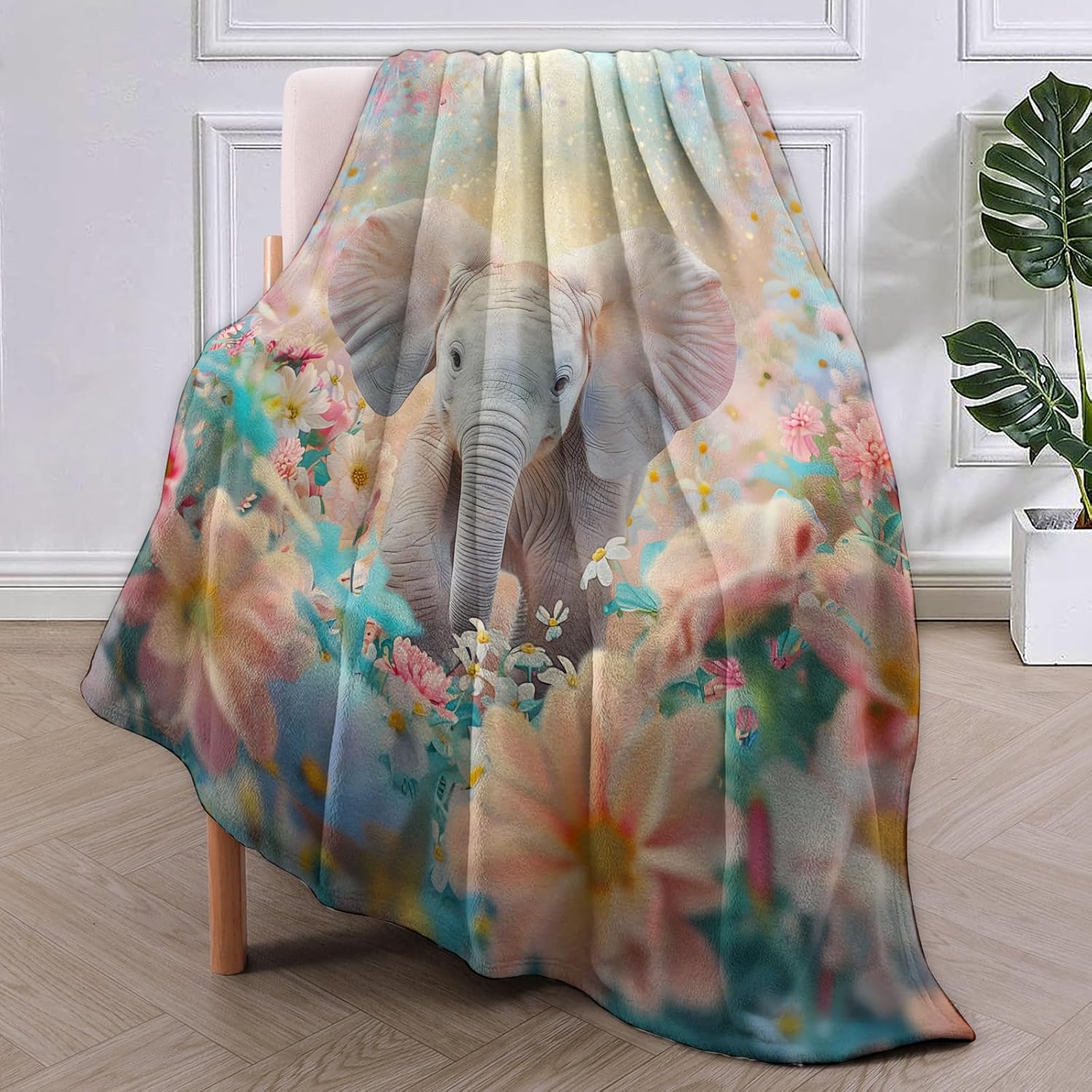 Baby Elephant in Floral Meadow Blanket Gifts for Women, Animal Theme Flannel Blanket, Soft Warm Lightweight Throw Blankets for Bedding Sofa Couch Home Travel Decor 50" x 60" - Image 2
