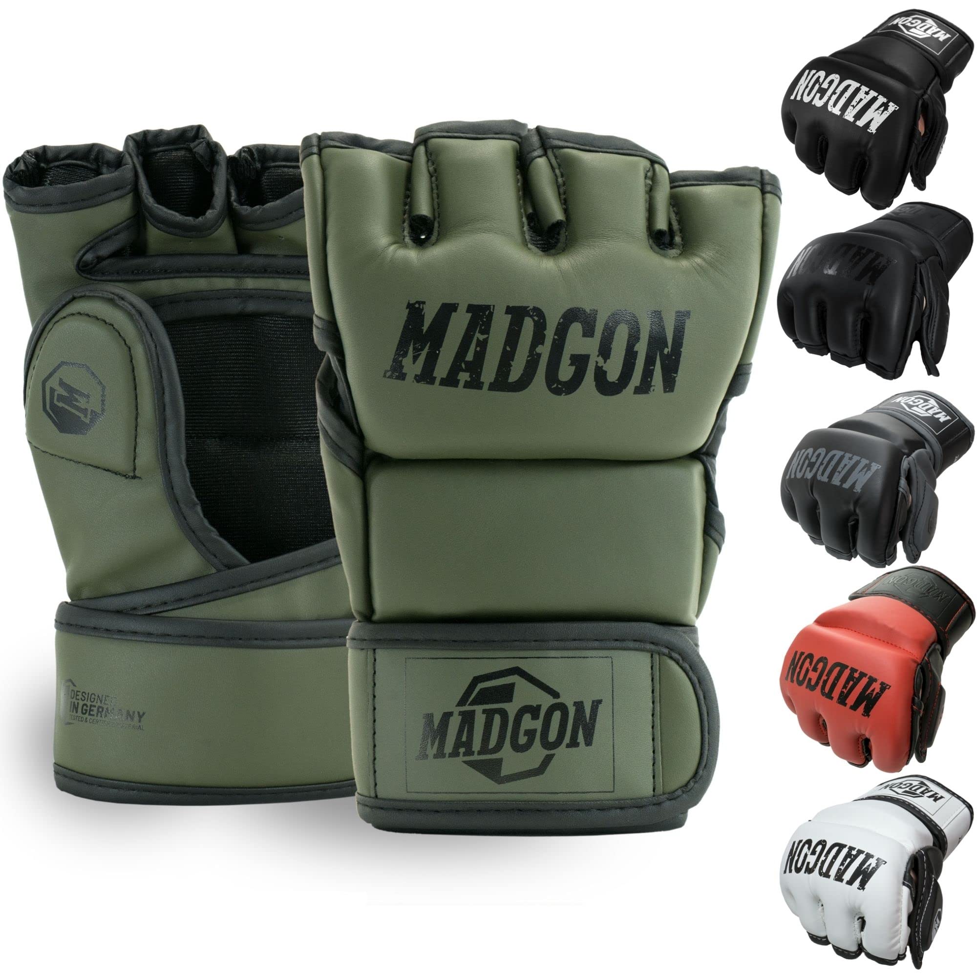 MADGON Guanti MMA con Imbottitura Professionale – Guanti Boxe con Eccellente Supporto per i Polsi – Guanti Palestra Resistenti per Arti Marziali – Sacca Inclusa