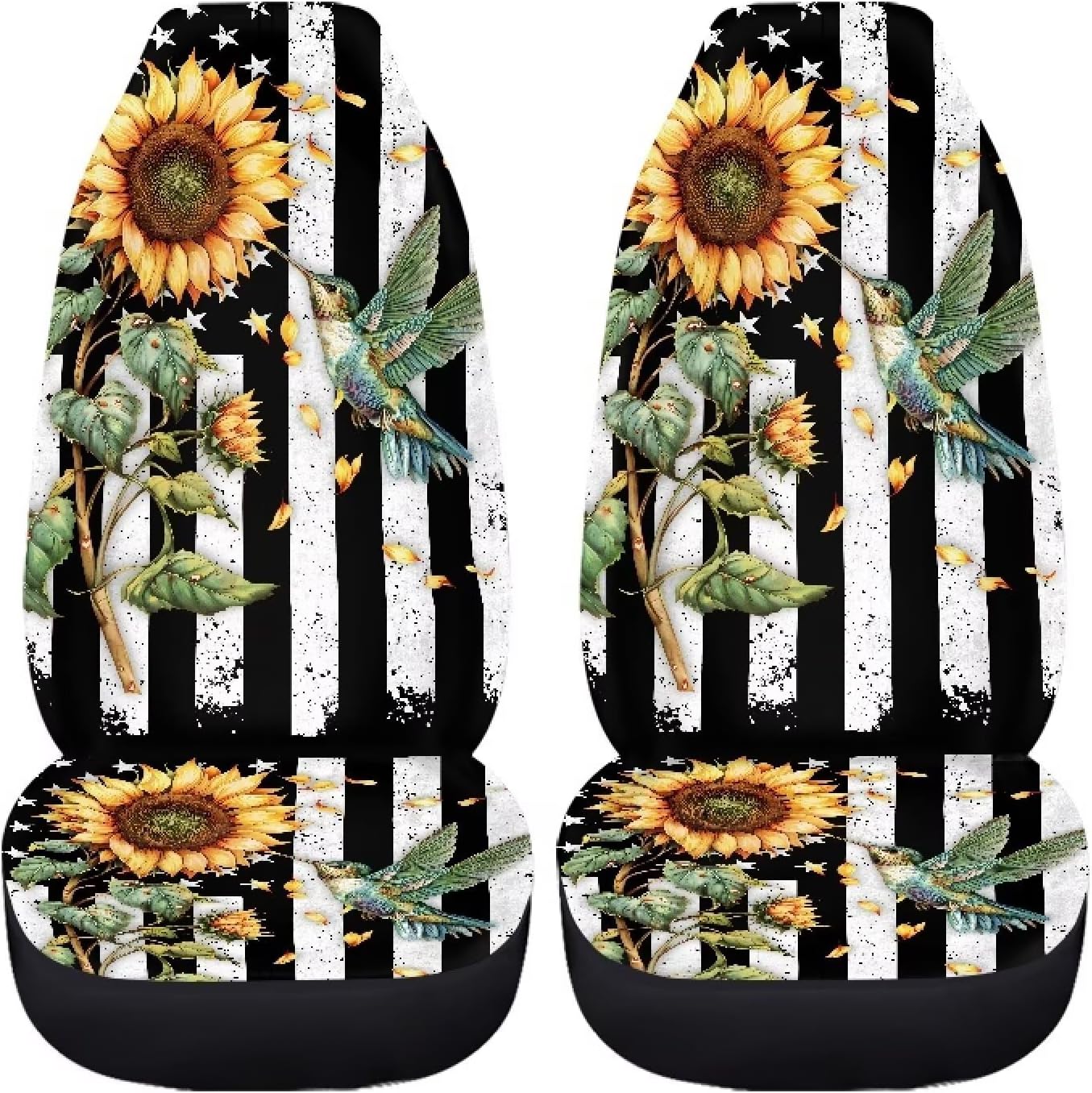 Hummingbird Sunflower Pattern Car Seat Cover American Flag Design Auto Bucket Seat Protector Full Set 2 Packs Universal Fit Vehicles Interior Decorative for Most Cars