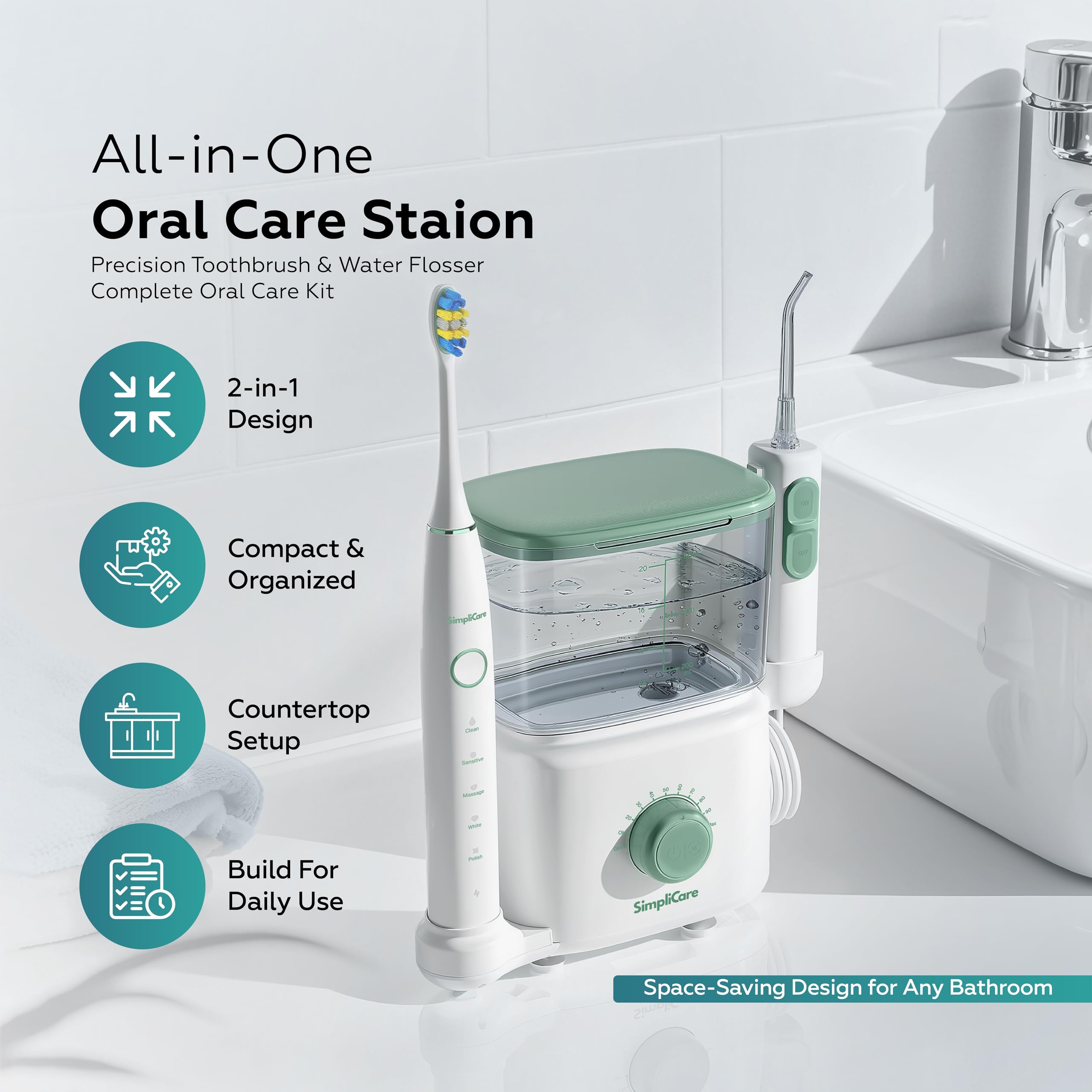 Idropulsore orale e spazzolino elettrico Combo - Detergente dentale da 590 ml, 10 livelli di pressione regolabili per denti/bretelle, 6 punte a getto, 2 testine, silenzioso, senza BPA