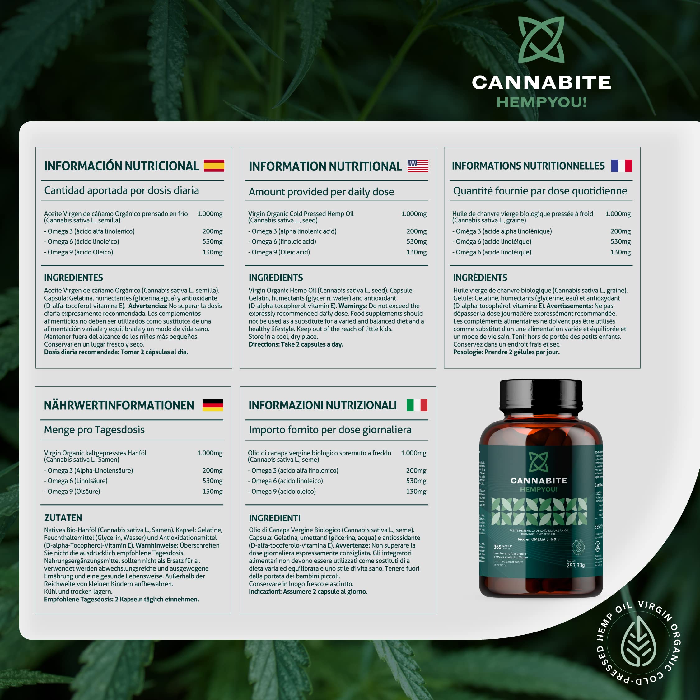 Omega 3, 6, 9 Vegetale - 365 Capsule Di Olio Di Semi Di Canapa Vergine, Spremuto A Freddo, Senza Additivi,