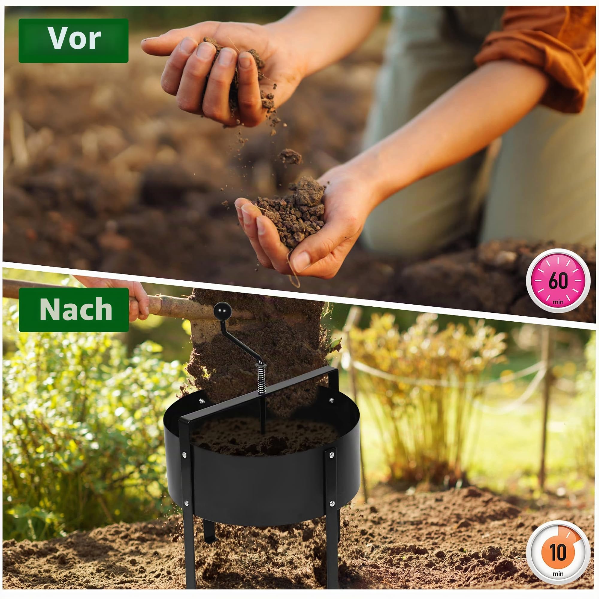 XMTECH Gartensieb Manuell Drehbarer Bodensieb Kompostsieb Sandsieb Kompost Schmutz-Kompost-Sieb Garten Sieb Erdsieb Handkurbelsieb Siebmaschine mit Netz-Siebpfanne und Griff, Schwarz