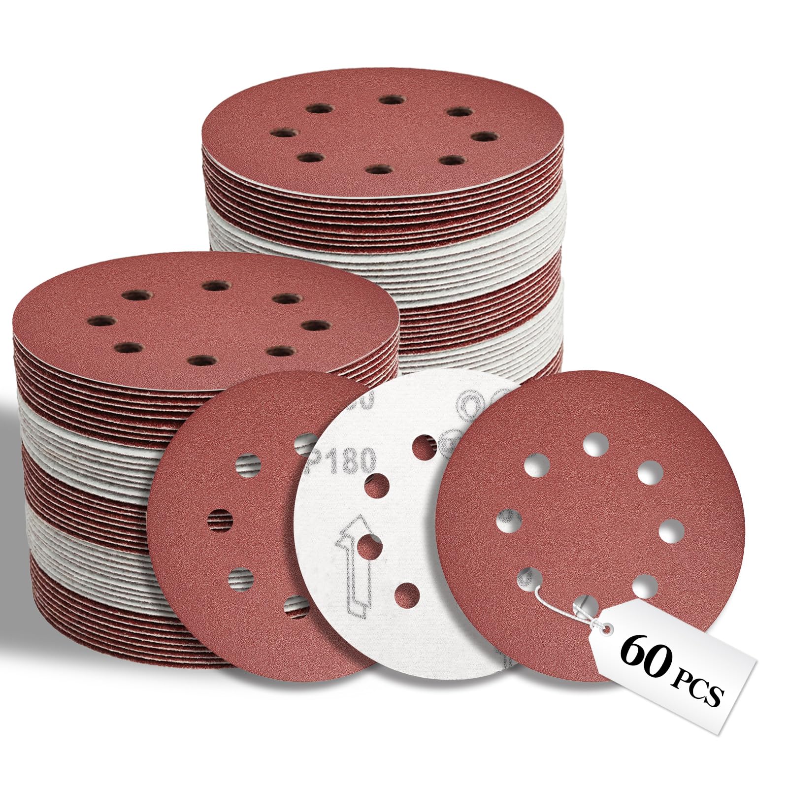 VKMKM 125mm Sanding Discs 60PCS, 180 Grit Orbital Sander Discs, 8-Hole Hook and Loop Sandpaper for Wood & Metal, Aluminium Oxide