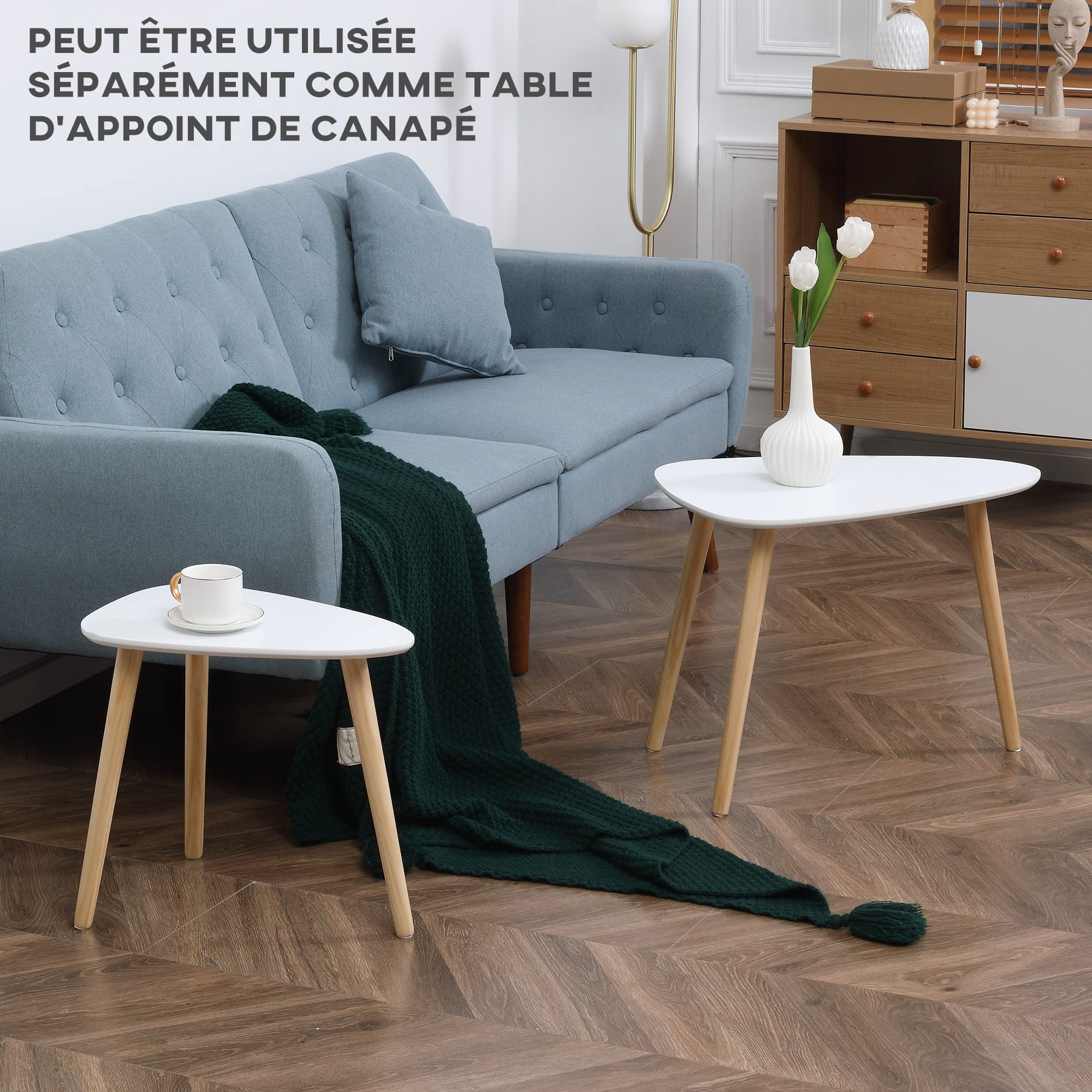 HOMCOM Lot de 2 Tables Basses gigognes Design scandinave Pieds en Bois et Plateau en Bois, Blanc