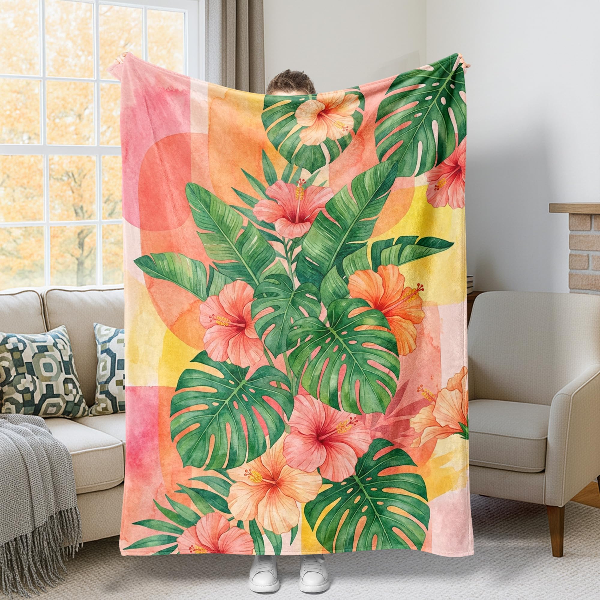 Couverture Monstera vert d'été en maille pelucheuse haut de gamme