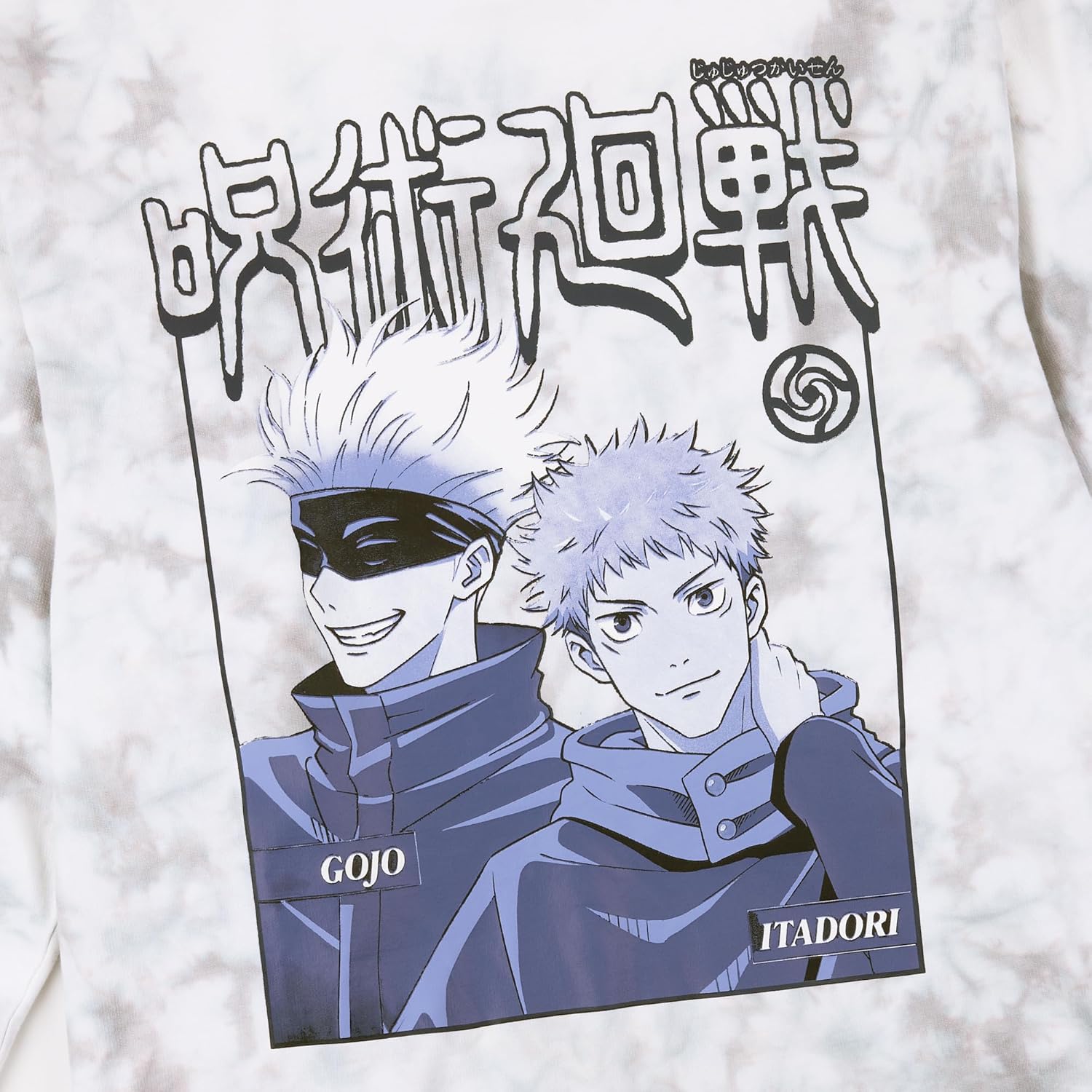 Bioworld Jujutsu Kaisen Gojo & Itadori Kanji Women's White Cloud Wash Crew Neck Long Sleeve Fleece Sweatshirt