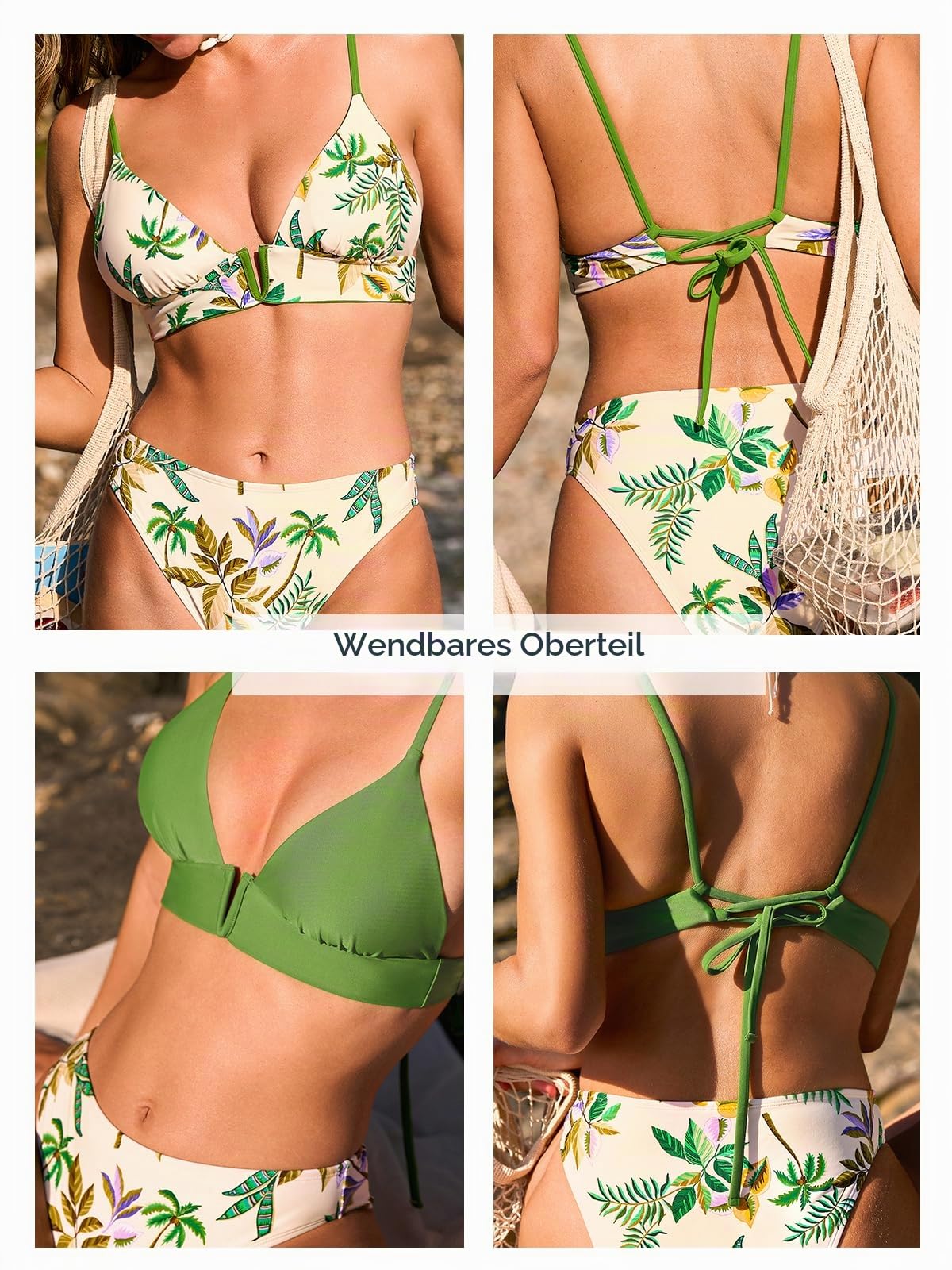 CUPSHE Damen Bikini Set V Ausschnitt Wendeoberteil gekreu Tropische Grün S | Verstellbare Kreuzträger zum Selbstbinden, Vielseitig wendbares Oberteil, V-Ausschnitt mit modischer Form