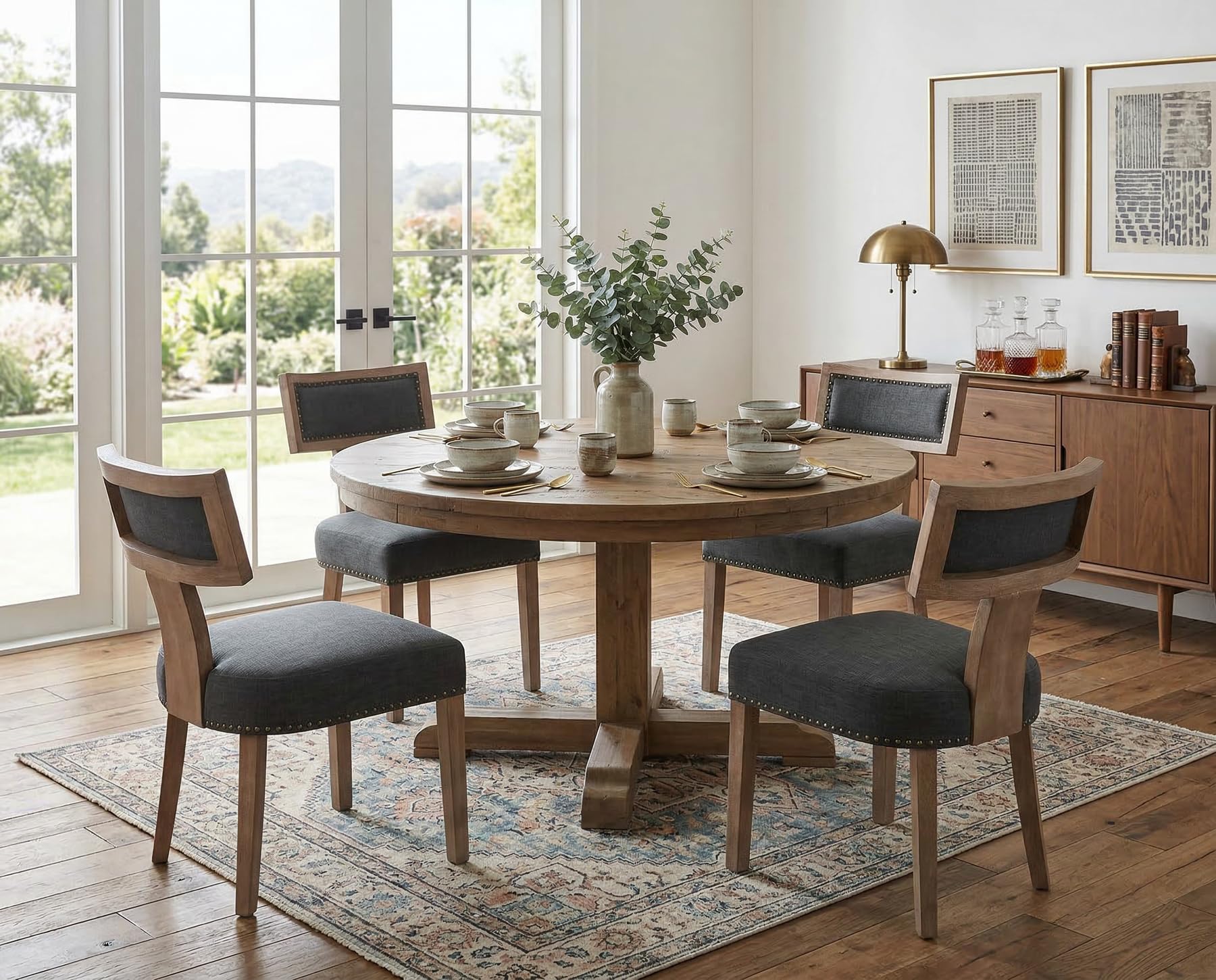 RIVOVA Mid Century Modern Dining Chairs Set of 4 Linen Fabric Upholstered Kitchen Side Chairs with Nailhead Trim, Modern Kitchen Armless Solid Wood Dining Chairs, Charcoal