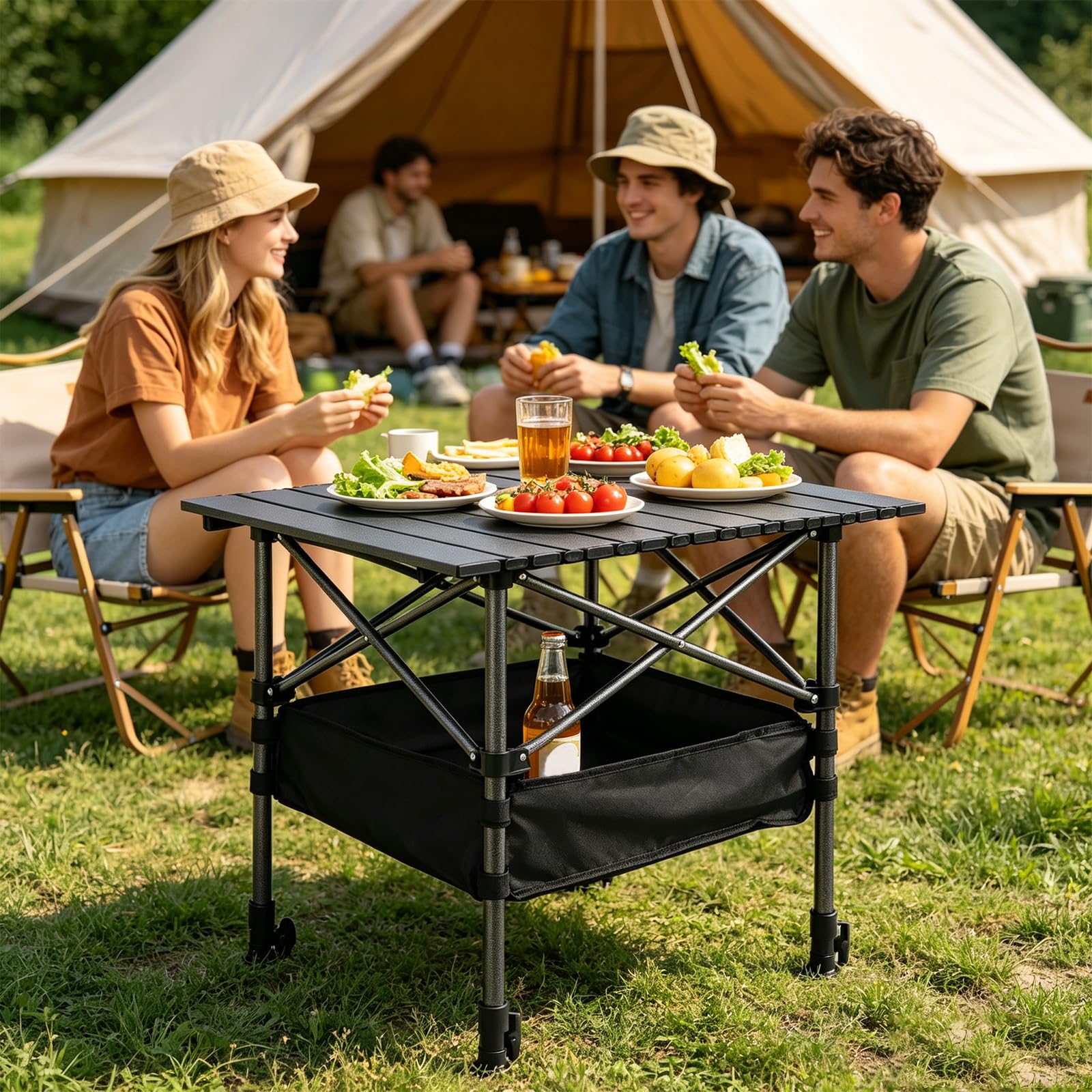 Campingtisch Klappbar, Klapptisch Höhenverstellbar 53x51cm | Camping Falttisch mit Ablagenetz, Tasche, Schwarz Campingtisch Faltbar für Picknick Camping Garten Kochen Angeln Outdoor