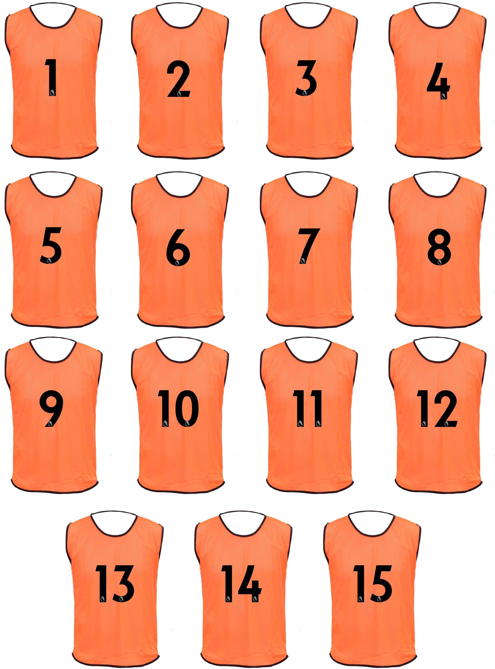 Śliniaczki 15 MESH PIŁKA NOŻNA Śliniaczki SPORT Śliniaczki najwyższej klasy liga NUMBERED (1-15 lub liczba do wyboru) tylko z przodu (pomarańczowy, młodzież (mężczyźni S do M))