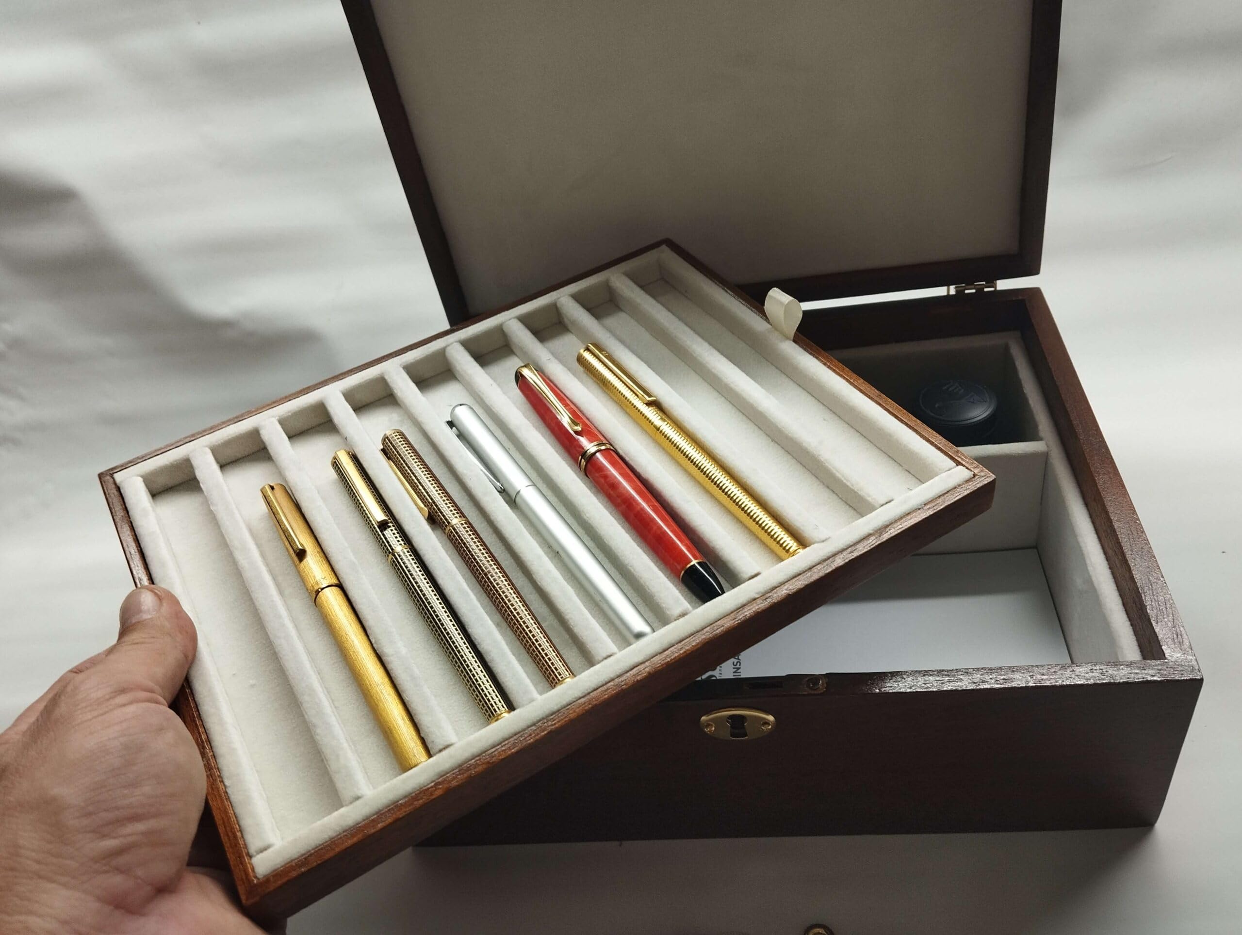 Plumier en bois de bouleau fait main, coffret pour stylos plume avec plateau amovible, 9 compartiments et velours intérieur, artisanat italien