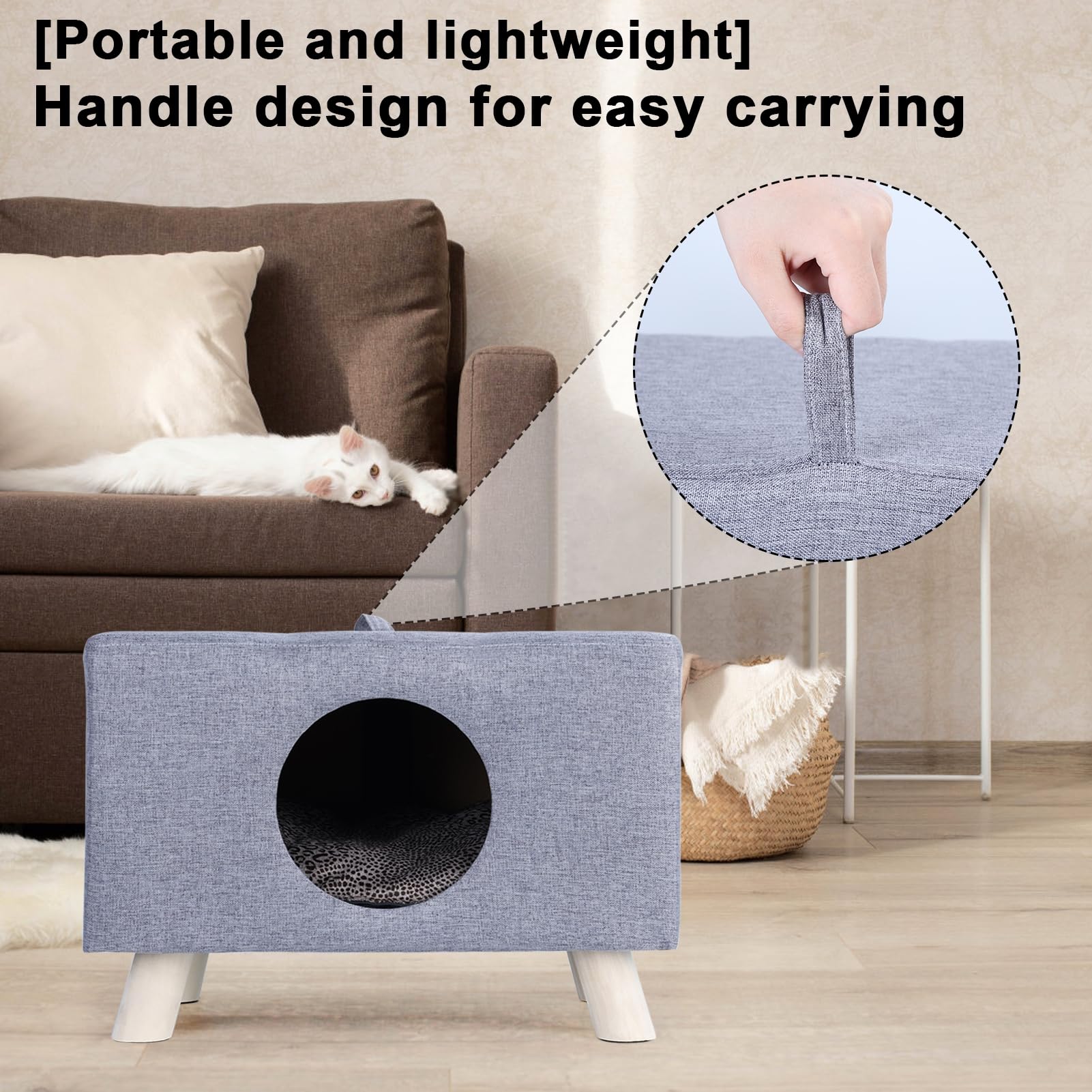 Nido di Gatto per Animali Domestici, Panche Gatti Indoor Casa Cubica in Legno 200 kg, Grotta con Tappeto, Poggiapiedi, Sgabello Cuscino e Piccoli 1 Set