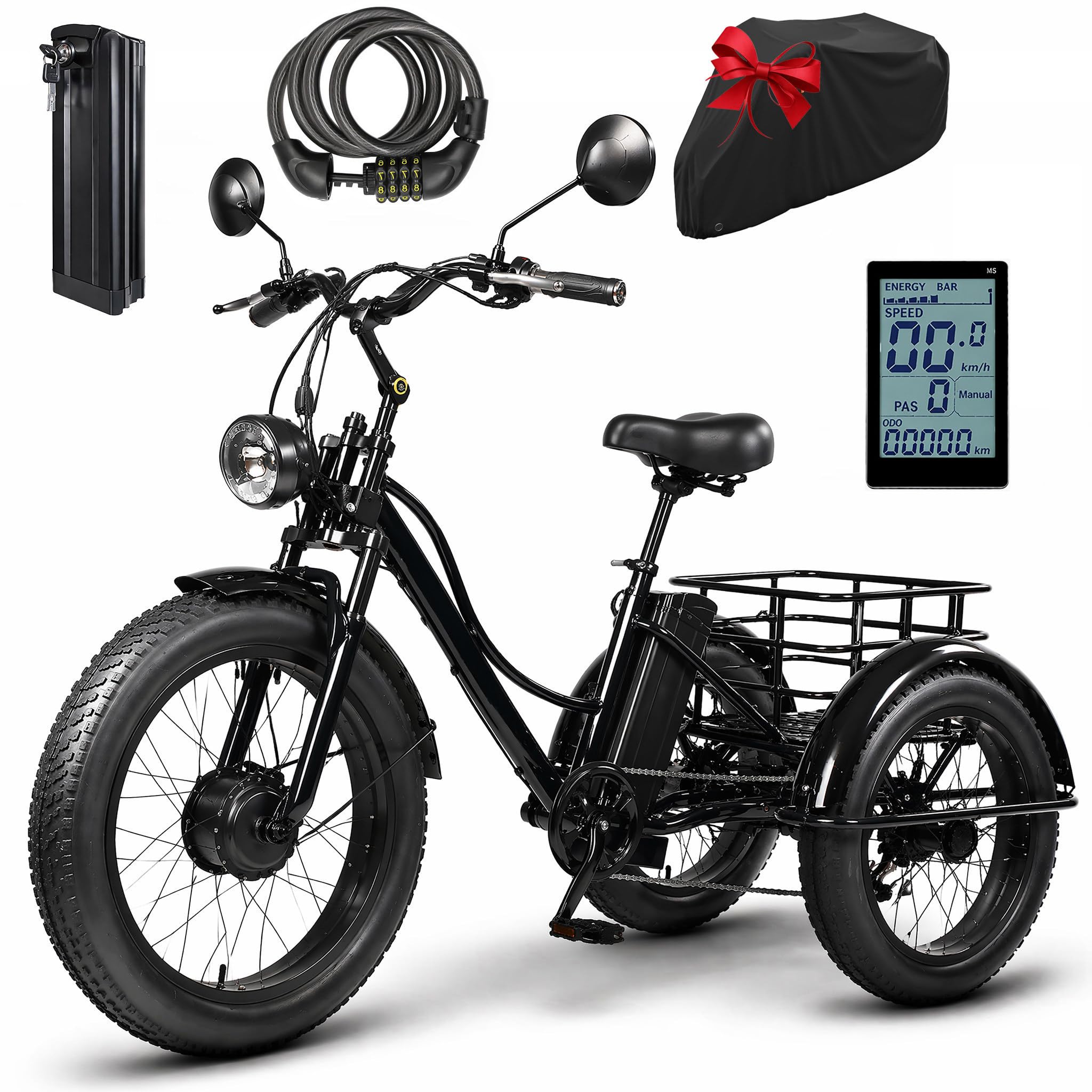 Triciclo Elettrico a Pedalata Facilitata 24 Pollici Fat Tire 3 Ruote E-Trike Adulti Batteria Rimovibile Cestino Posteriore Sovradimensionato Tutto Terreno per Anziani Spesa Black
