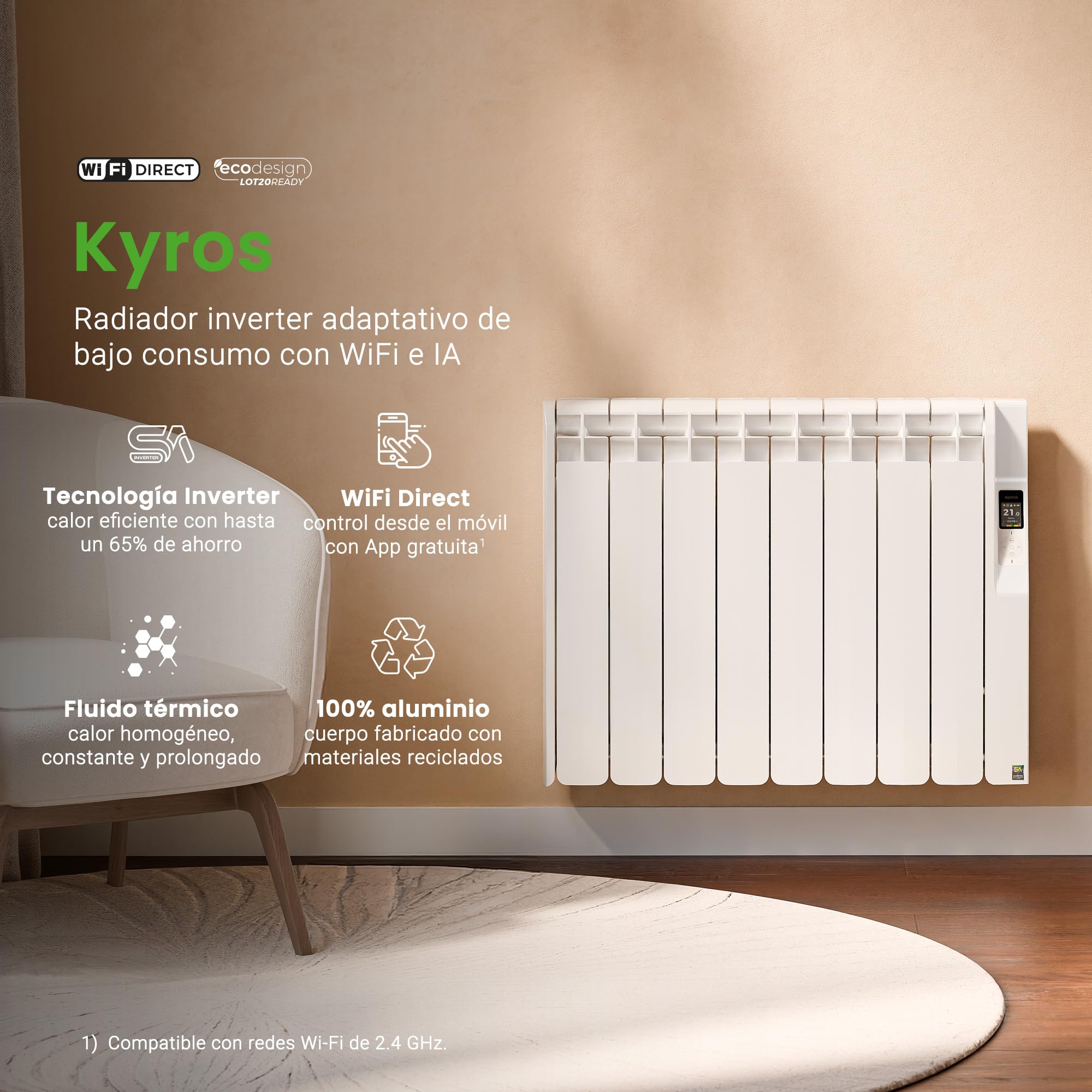 Radiador eléctrico Rointe Kyros WiFi 1800 W 8 elementos color blanco