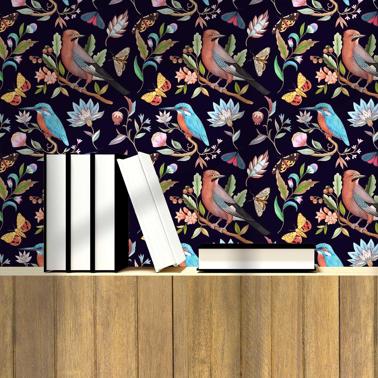 Vintage Black Floral Bird Peel and Stick Wallpaper Dark Botanical Design with Butterfly Removable Self Adhesive Vinyl Contact Paper for Cabinets Bathroom Wallpaper 17.7"x 354"