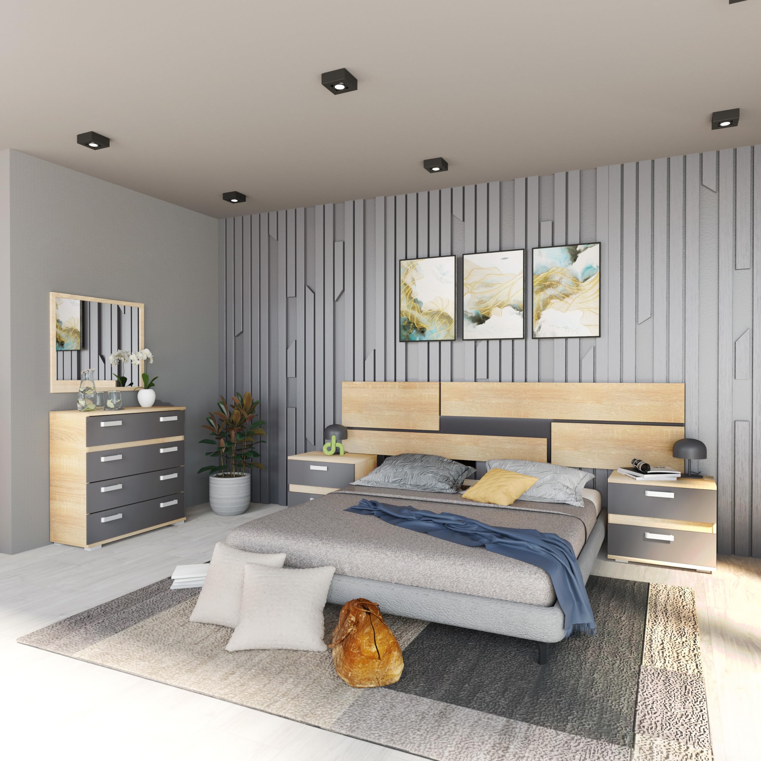 duehome Pack de Dormitorio con Cabecero + 2 mesitas de Noche + Comoda y Espejo, Conjunto de Dormitorio, Dormitorio Completo, Modelo Ataneq Pure 4c, Acabado en Cambria y Grafito, Grande