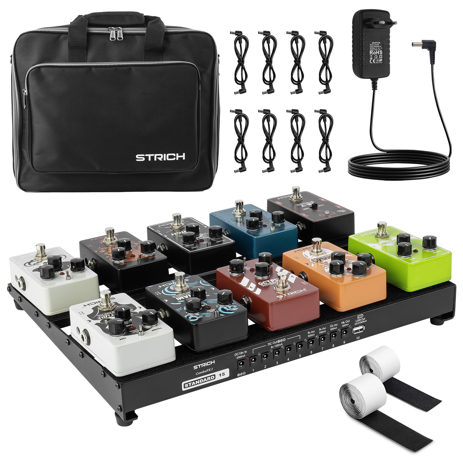 STRICH Pedaliera per chitarra con alimentatore integrato, pedaliera 38,1 x 27,9 cm, in lega di alluminio leggera da 1 kg, pedaliera con cavi per pedali, borsa, strisce ad anello con gancio PB-S15