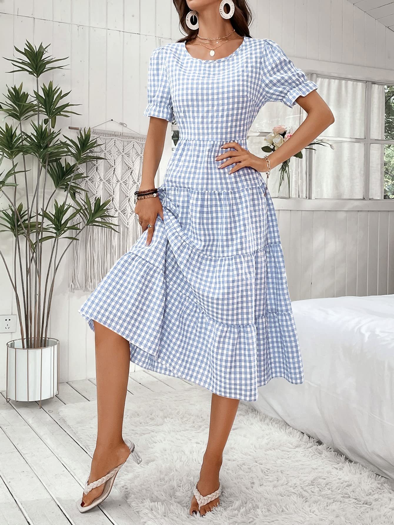 ワンピース MEDI GINGHAMCHECK 2WAY PUFFSLEEVE DRESS Gingham Puff Sleeve Dress – ModernChic Boutique