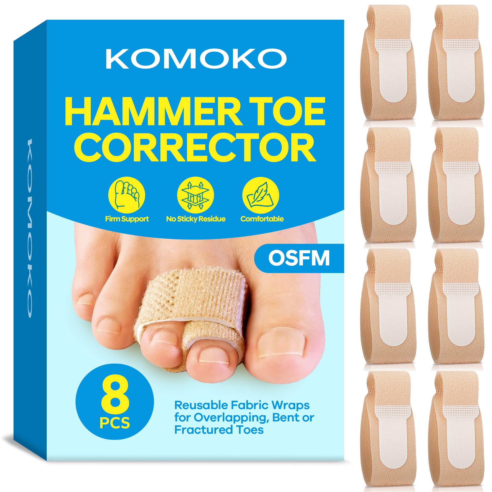 Komoko OSFM, correttore per dita a martello da donna (confezione da 8, beige), raddrizzatori per dita dei piedi a martello, in morbido nylon, per uomini, regolabili e riutilizzabili, per uso