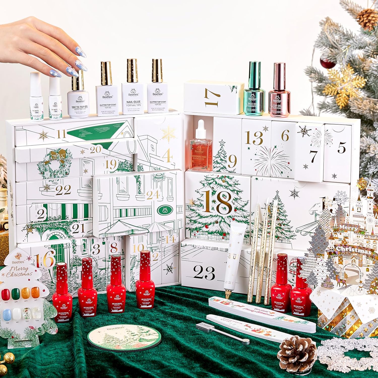 beetles Gel Polish Merry Glitzmas 2025 Gift Box – Nail Art Set with Mini LED Nail Lamp Base Top Coat and Festive Holiday Surprises Gifts for Women Girls