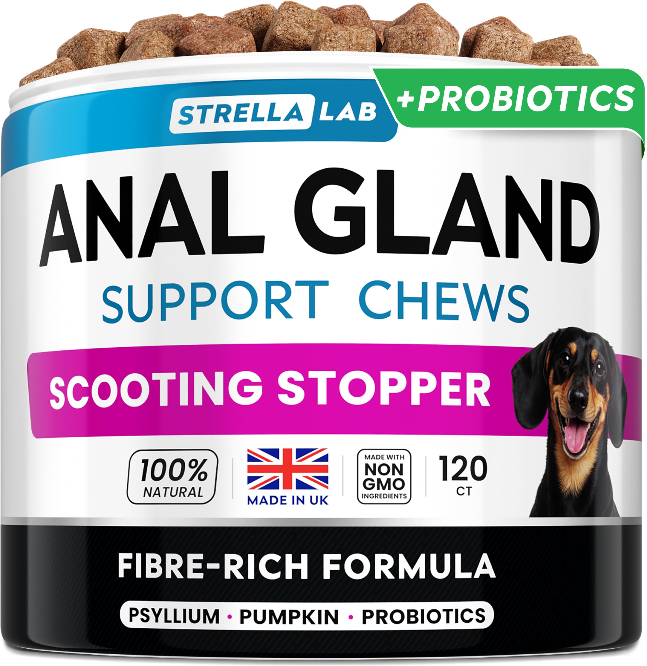 StrellaLab Anal Gland Support for Dogs with Probiotics – Fibre Supplement Chews with Psyllium Husk & Pumpkin – Supports Digestion, Stool Consistency & Comfort for Dogs Prone to Scooting – 120 Chews