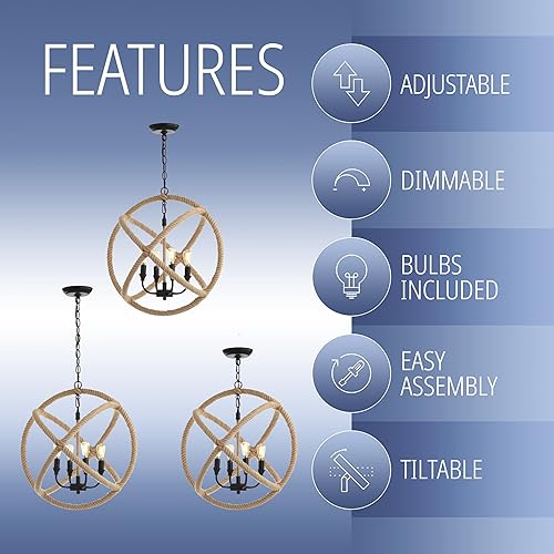 Miniatura 5 de JONATHAN Y JYL9041A Soka - Colgante LED de 4 luces de 20 pulgadas, globo ajustable, de metalcuerda, granja, costero, bohemio, cabaña, industrial,