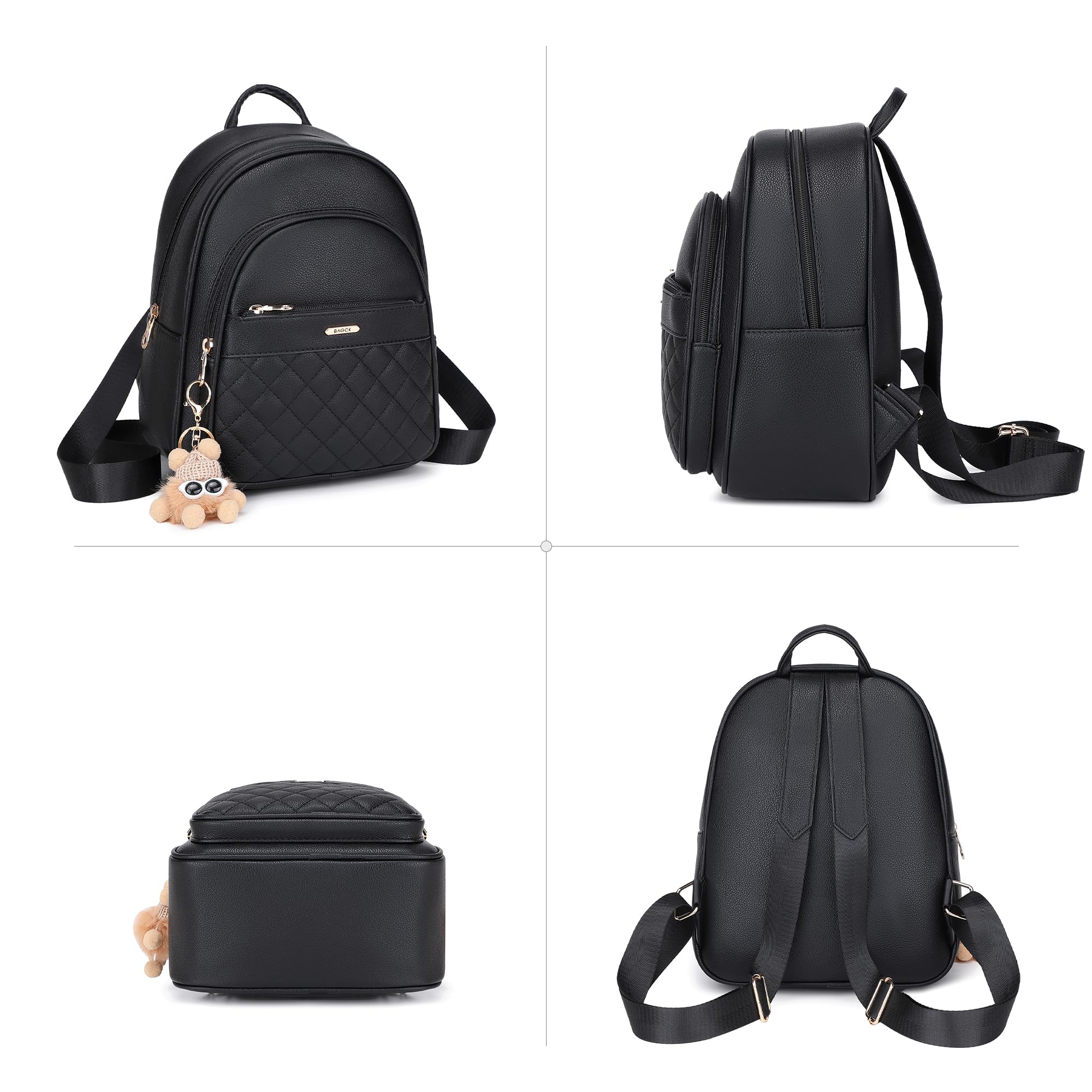 BAGOK Mini Rucksack Damen Klein – Eleganter Kunstleder Rucksack mit Steppoptik, Plüschanhänger & Quaste – Für Frauen & Mädchen im Alltag & auf Reisen(Schwarz)