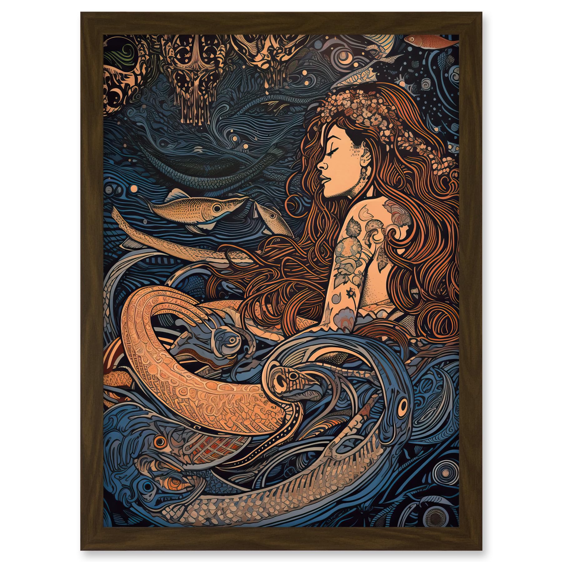Artery8 Little Mermaid and Aquatic Animals Illustration Artwork Framed A3 Wall Art Print