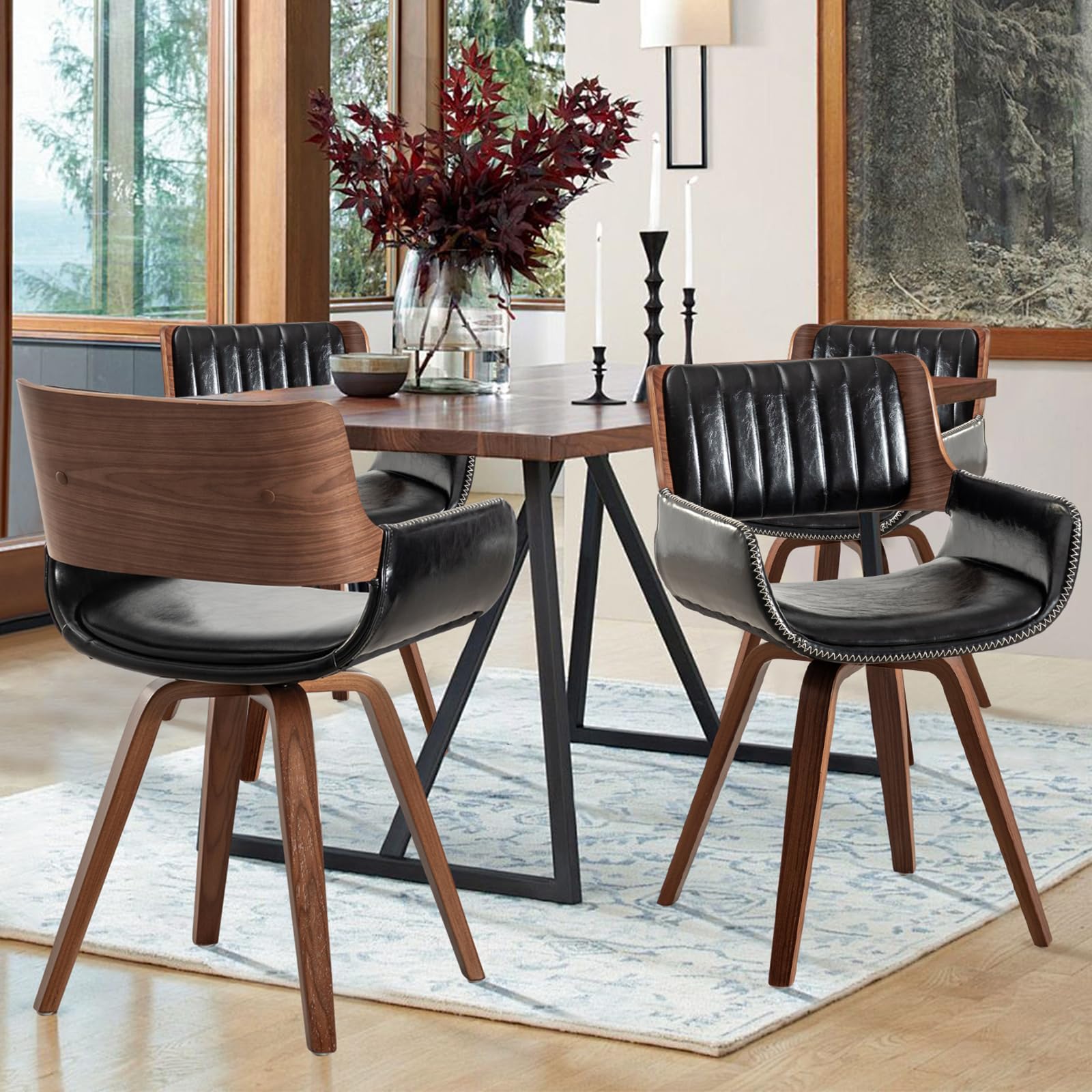 LUNLING Swivel Accent Faux Leather Dining Chairs Set of 4,Mid Century Modern Chairs with Wooden Legs/Armrest/Upholstered Seat/Adjustable Foots for Kitchen Dining Room Desk Chairs,Black Black Set of 4