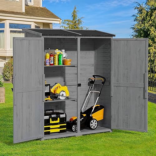 Gizoon Armario de Almacenamiento Exterior con Techo Impermeable, Puertas Dobles con Cerradura, Cobertizo de Jardín con 2 Estantes Removibles,