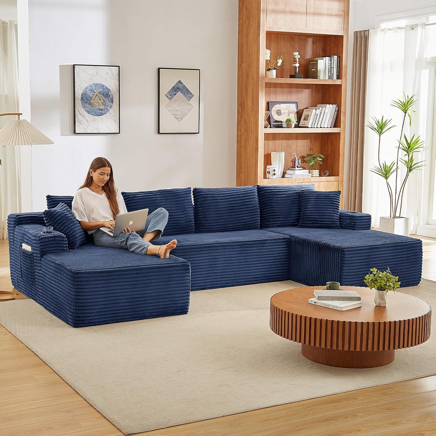 134" Oversized Modular Sectional Sofa, Comfy Corduroy U Shaped Boneless Couch with Cup Holders & Storage Pockets, Deep Seat Cloud Sectional Couches for Living Room No Assembly, Light Grey