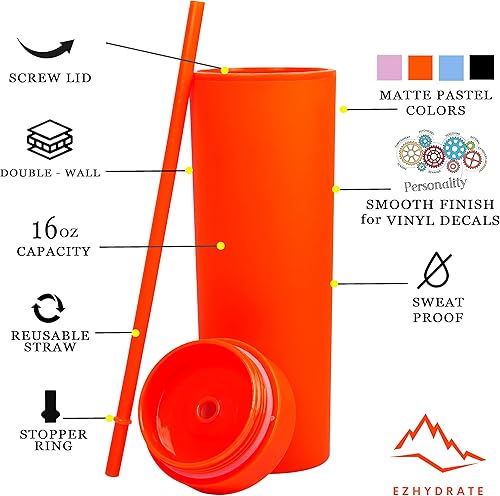 Miniatura 3 de Ezhydrate SKINNY TUMBLERS - Vasos acrílicos de color pastel mate de 16 onzas con tapas y pajillas, vaso de plástico de doble pared con tapa y popote