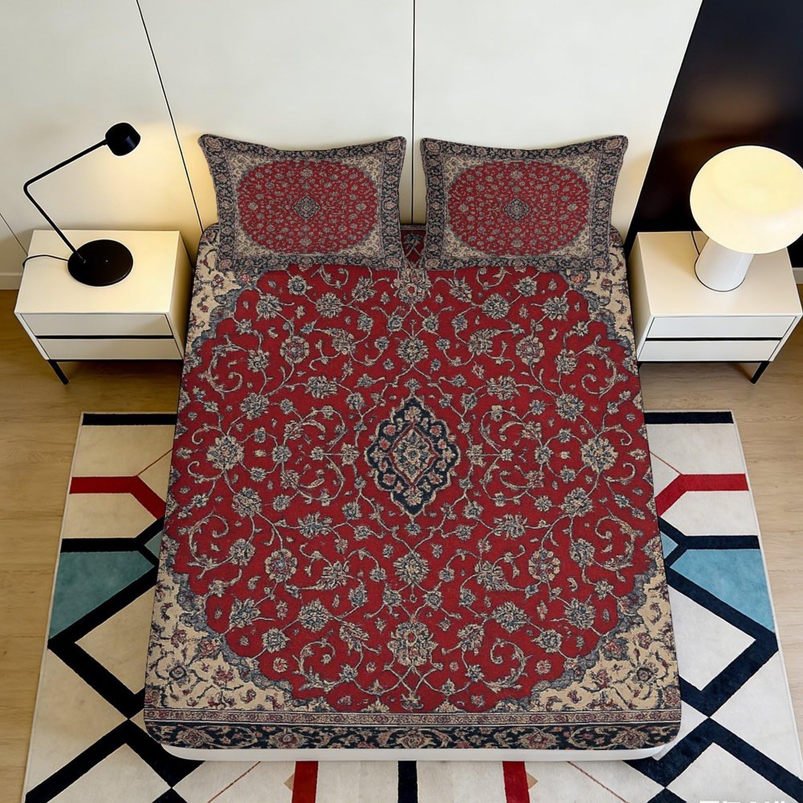 3D Printed Persian Red Floral Fitted Sheet Microfiber Soft Anti-Slip Oriental Medallion Mattress Cover for Bedroom Guest Room 180x200x25cm