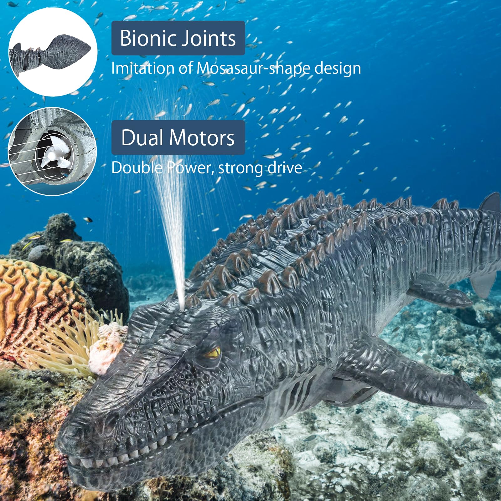 DAWRIS Mosasaurus, barca telecomandata, 2,4 GHz, impermeabile, a U per bambini dai 6, radiocomandata a distanza con luce LED e nebulizzazione, doppia elica giocattolo per piscina Pond