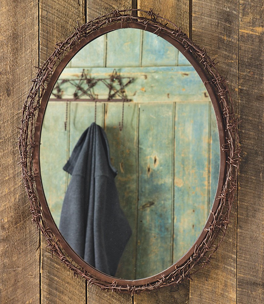 BLACK FOREST DECOR Barbed Wire Oval Mirror - Rustic Lodge Wall Mirror with Metal Frame