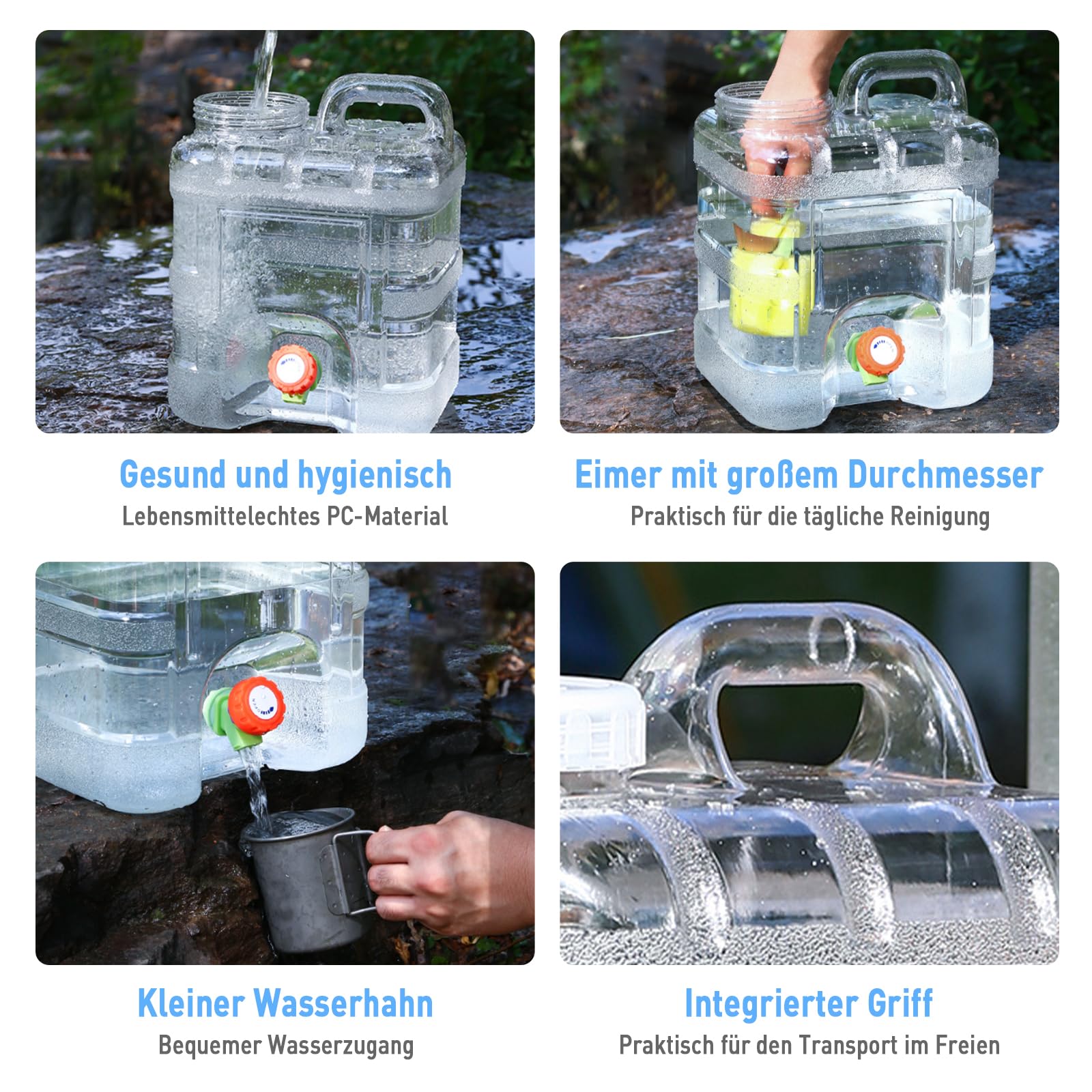 Tanica dell'acqua da 10 l con rubinetto e accessori, serbatoio dell'acqua da campeggio in materiale PC, senza BPA, maniglie per il trasporto, con tubo, spazzola, coperchio, ideale per viaggi