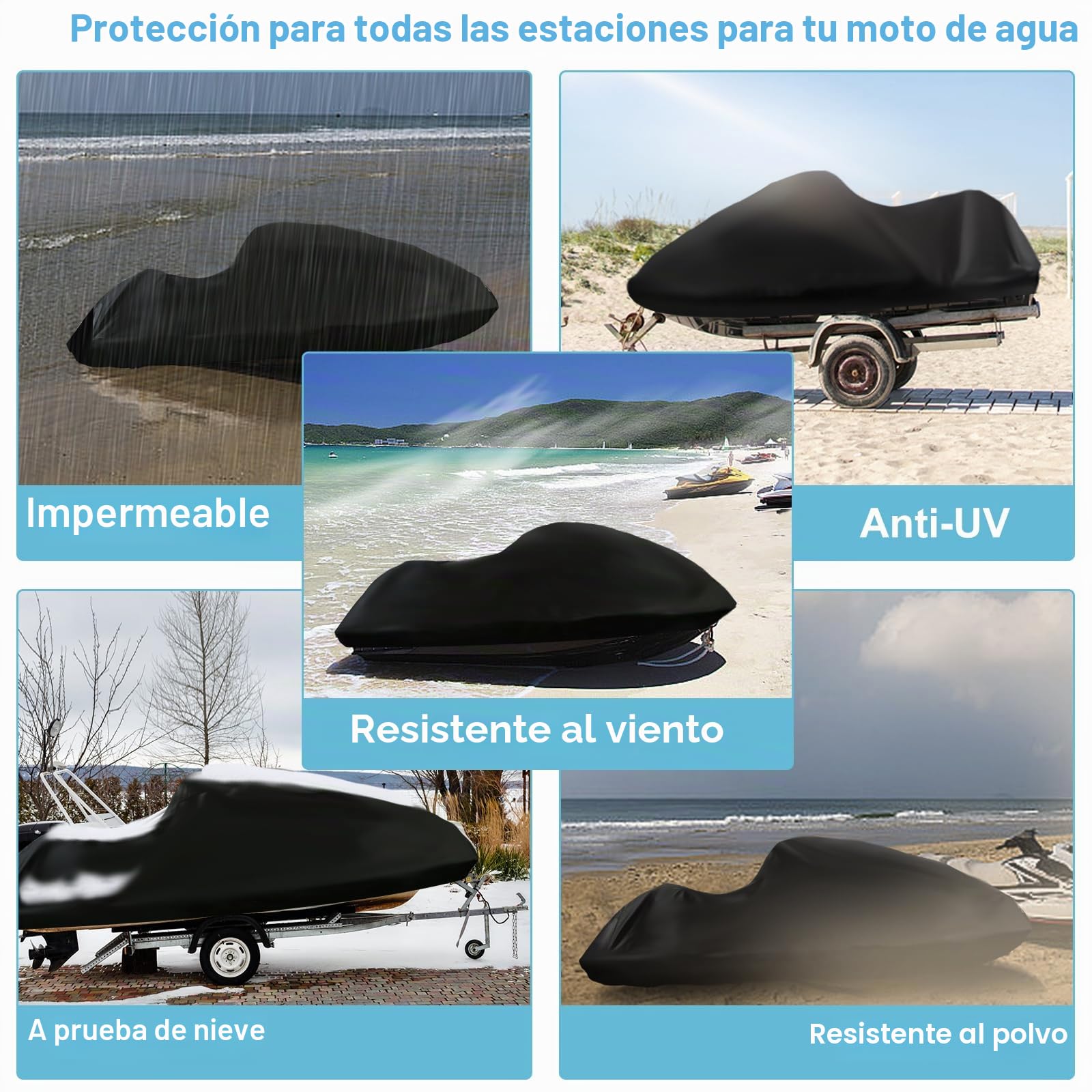 Funda Impermeable para Moto acuática de 3 plazas, Cubierta PWC 420D Mejorada con 2 Rejillas de ventilación,Resistente a los Rayos UV para Seadoo, Kawasaki, Waverunner Polaris(307-343CM Plata-Negro)
