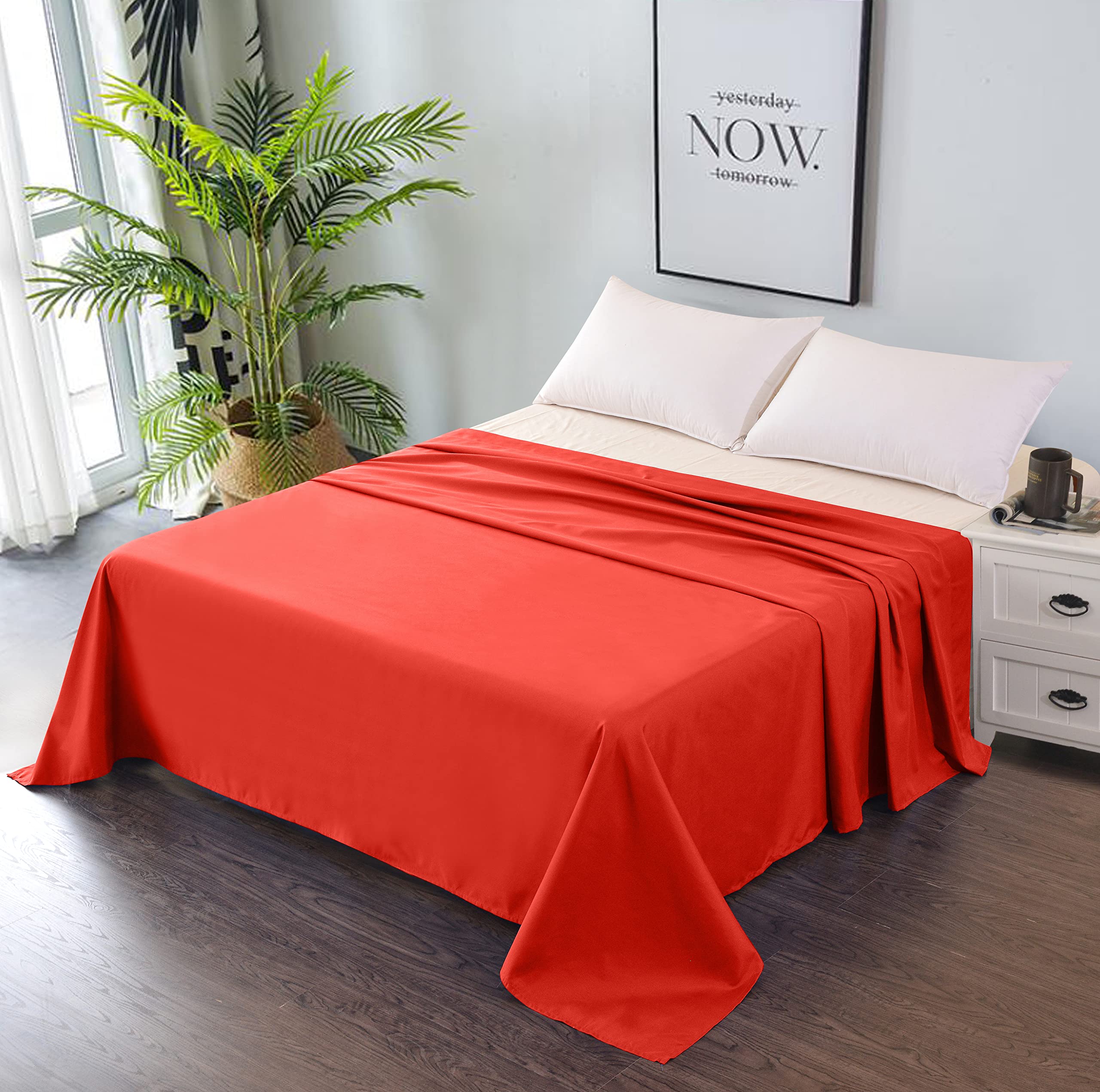 Premium Bed Flat Sheet - Breathable and Soft - Top Sheet Only - Easy Care & Easy Clean (Red, Queen)