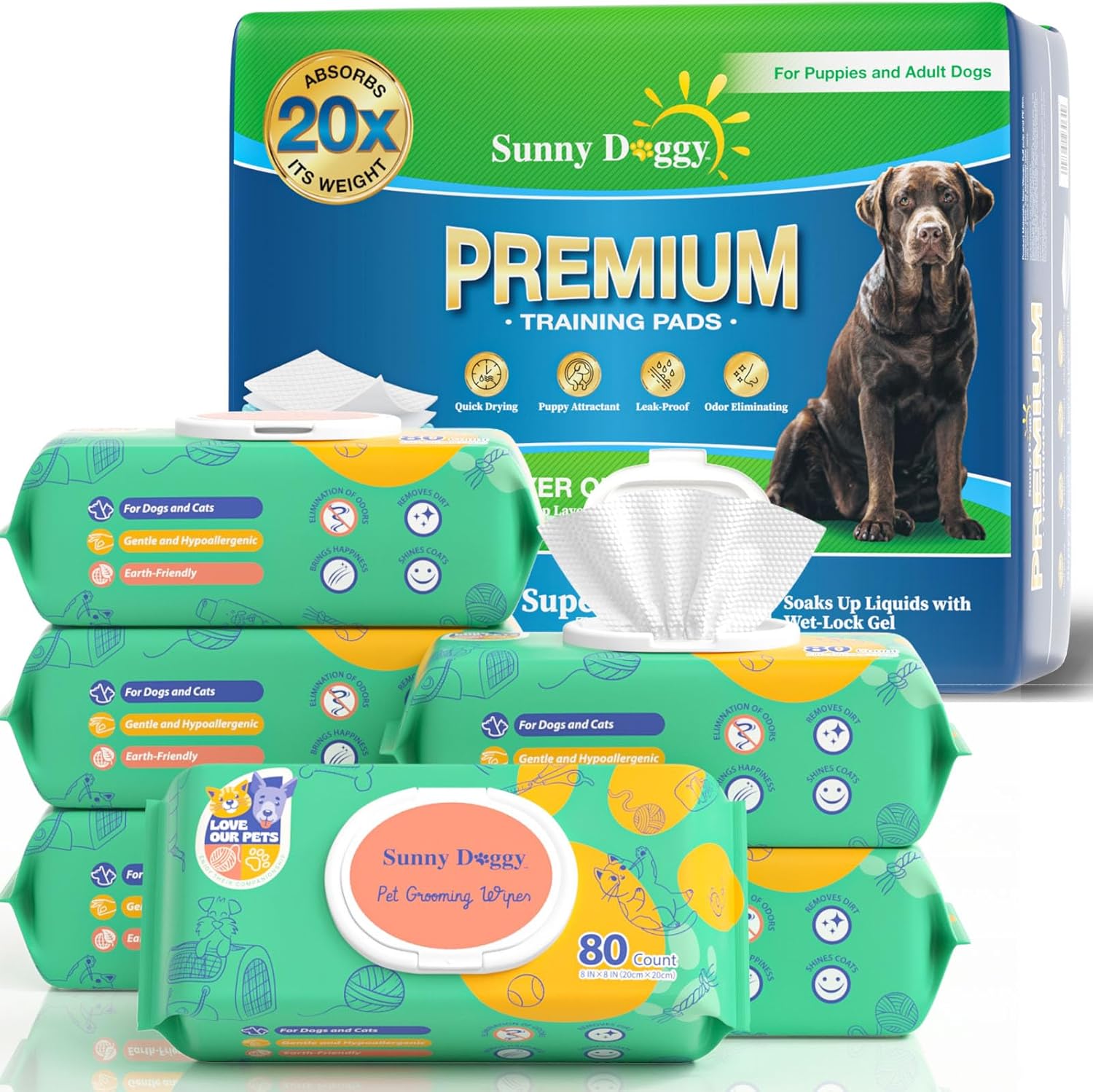 Pee Pads for Dogs Extra Large 36"x 36", and 8 x 8 Inch Dog Grooming Wipes