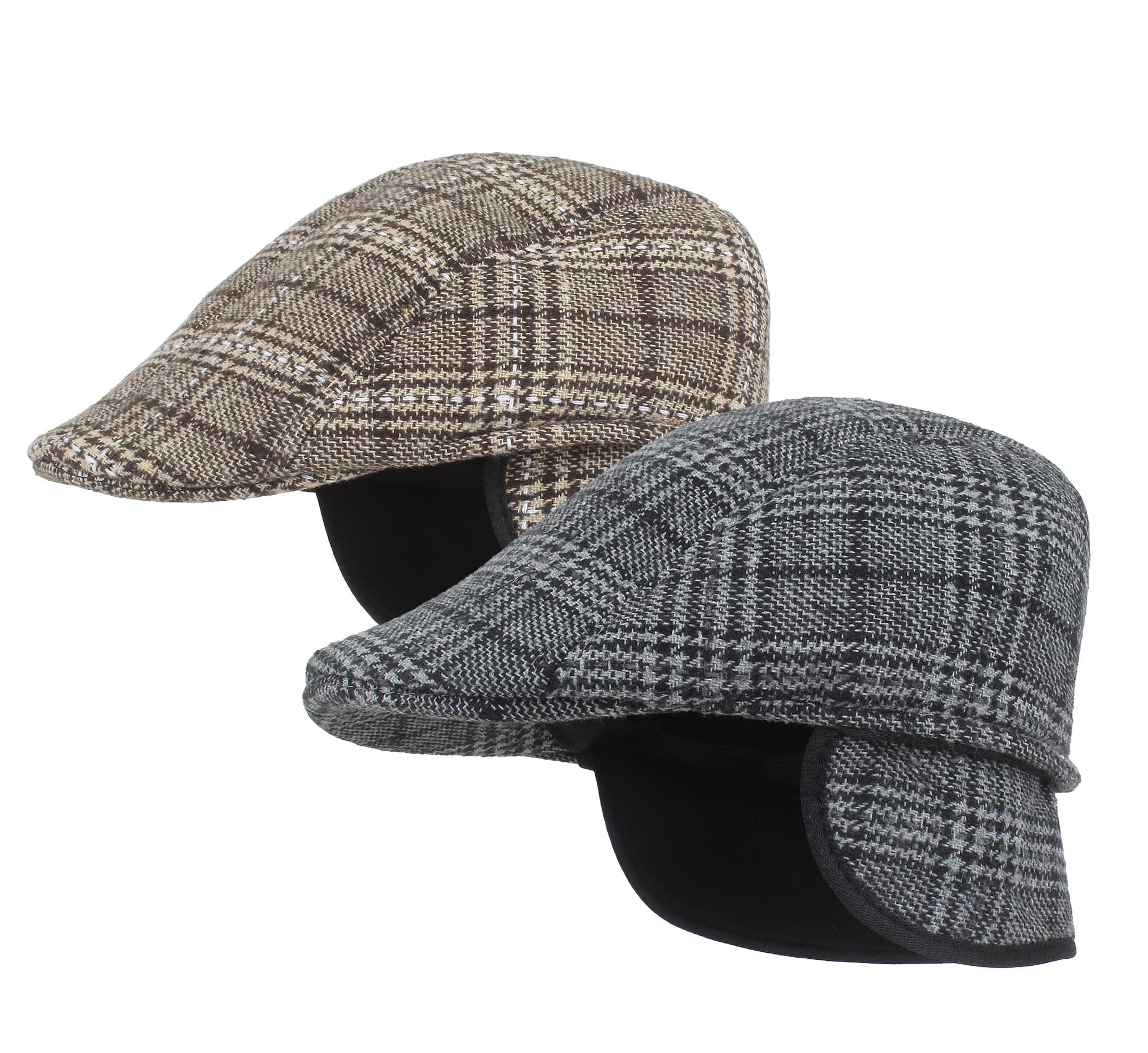 Hat Flat Cap with Ear Flap Breathable Golf Driving Outdoor Cabbie Newsboy -Pack of 2-Free Size (Black & Brown)