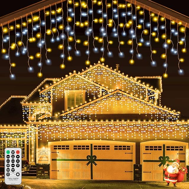 Icicle Outdoor Christmas Lights Waterproof - 400 LED 14m/43.93ft Xmas Decorations Fairy Light Mains Powered String Lighting for Outside Indoor Eave Roof Wall Party Warm White Cool White