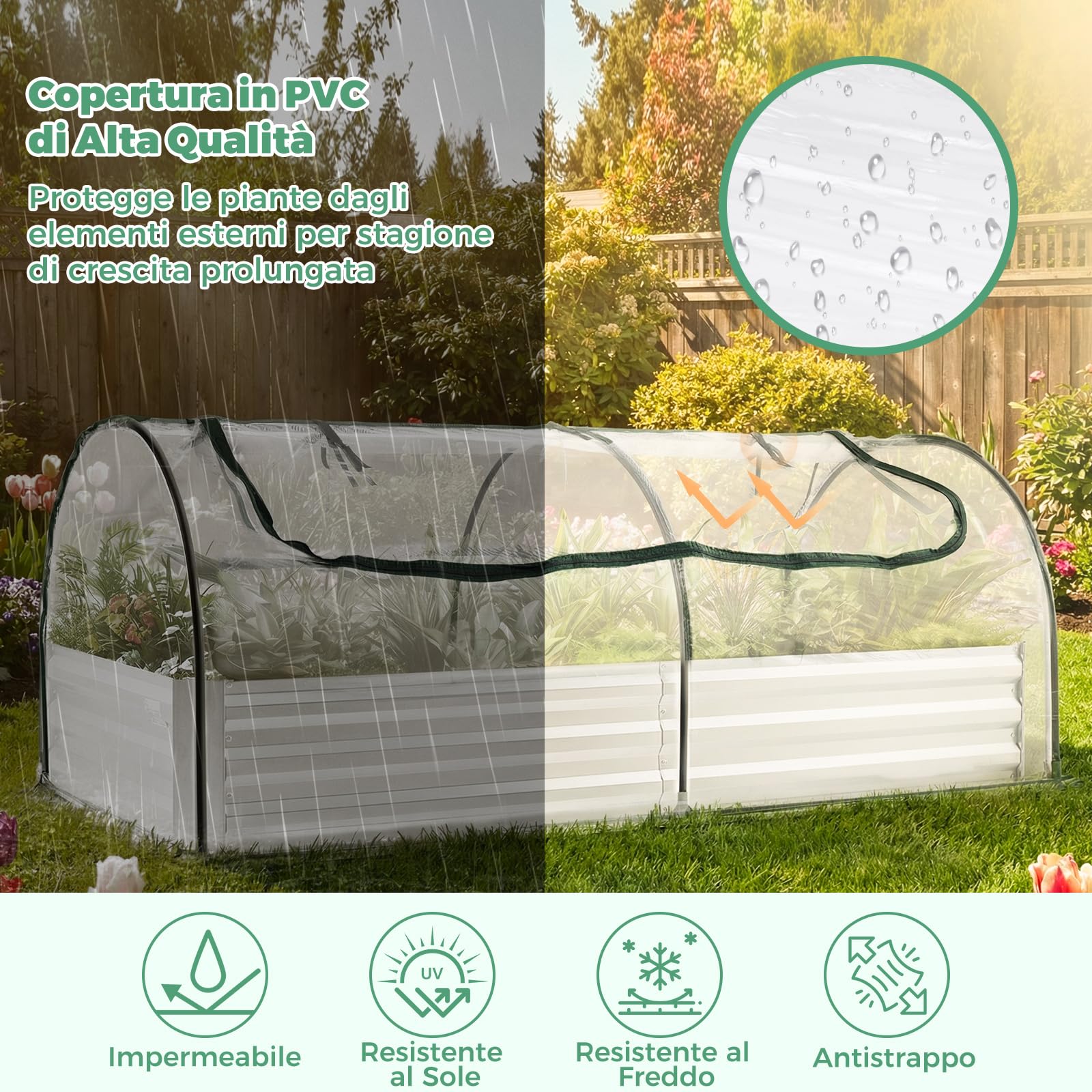 COSTWAY Orto Rialzato Zincato con Serra, Aiuola Senza Fondo con Copertura Trasparente, Fioriere con Finestre Avvolgibili per Giardino e Terrazzo (202 x 101 x 81 cm)