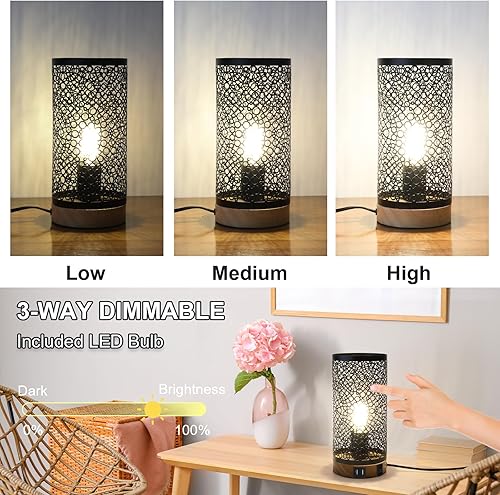 Miniatura 2 de Juego de 2 lámparas de mesa con control táctil, lámparas de mesita de noche regulables con puerto USB y salidas de CA, lámparas industriales de