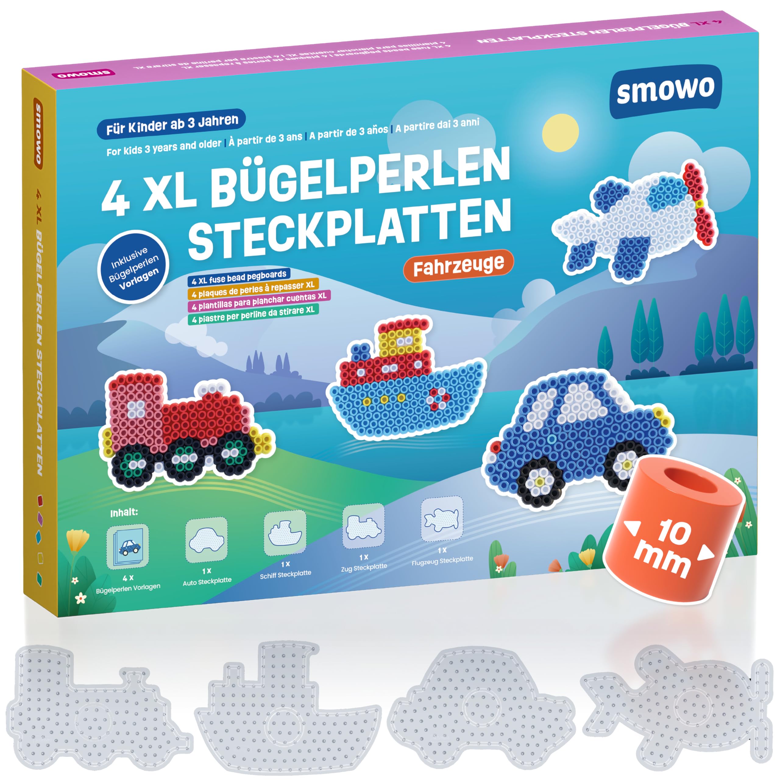 Smowo® 10mm Bügelperlen Steckplatten Fahrzeuge - Set mit 4 Platten und Vorlagen - Auto, Schiff, Zug, Flugzeug - Große Maxi Stiftplatten für Kinder ab 3 Jahren