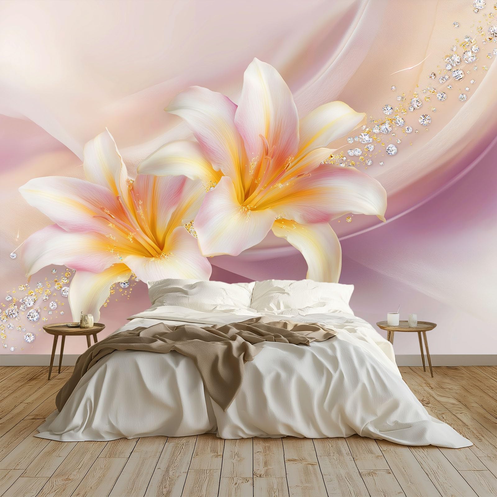 Papier peint intissé panoramique 3D lys diamant 400x280 cm pour salon et chambre