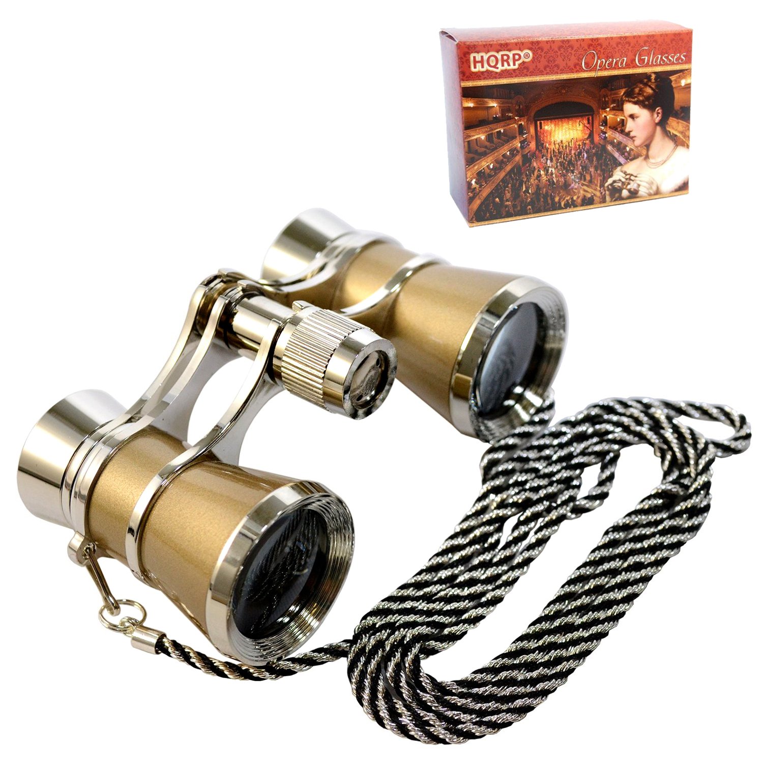 HQRP Jumelles d'opéra avec chaîne Doré et bordure argentée Grossissement 3 x Diamètre 25 mm