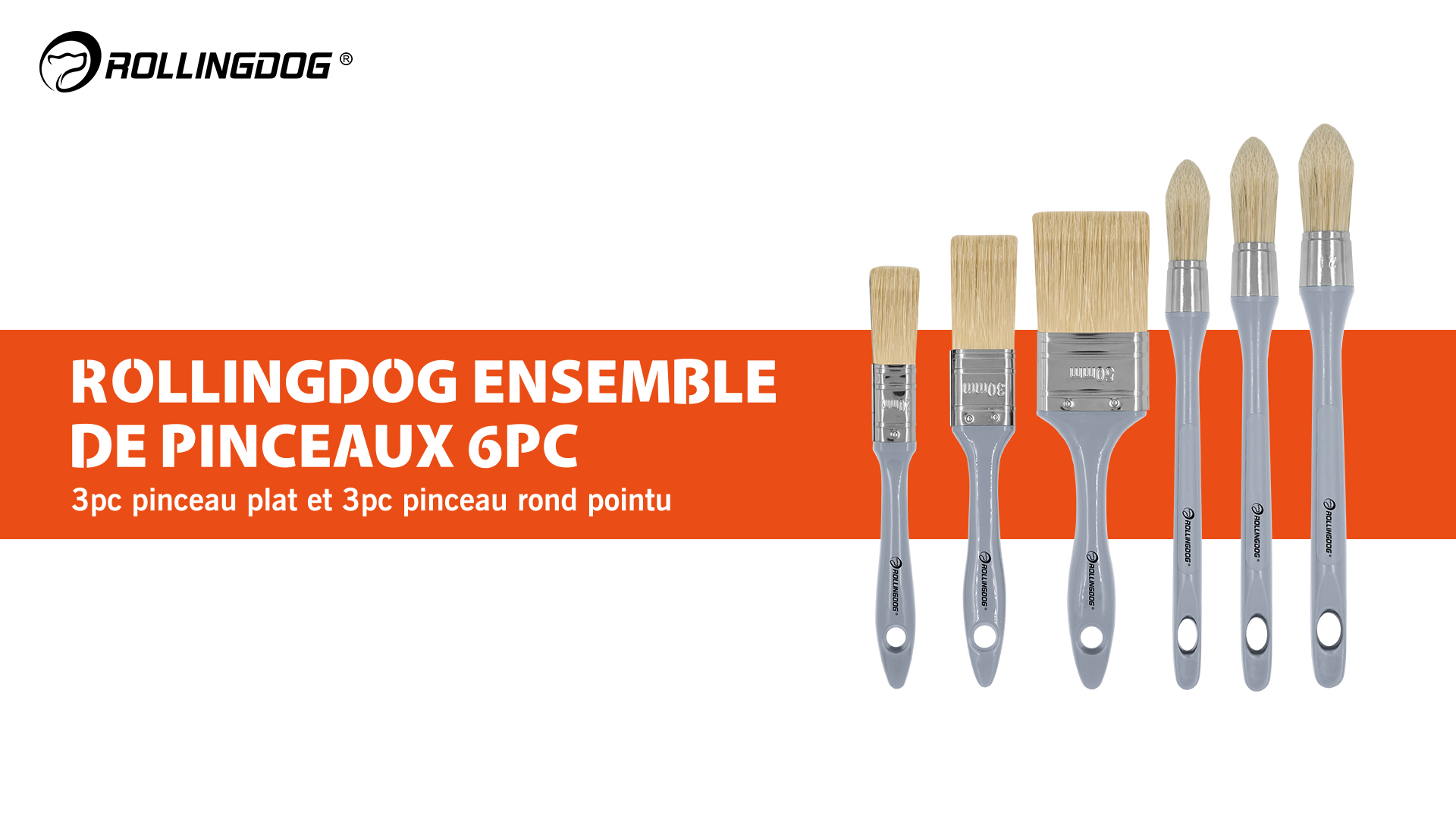 Lot De 5 Pinceaux Peinture ROLLINGDOG - Taille 2,3 Cm Et 10,2 Cm - Manche Bois - Filament PBT - Pour Murs, Meubles, Extérieur