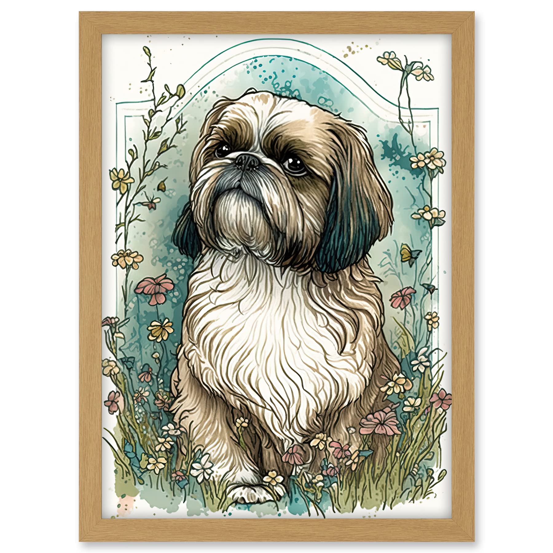 Artery8 Shih Tzu Dog with Wildflowers Modern Art Nouveau Inspired Illustration Artwork Framed A3 Wall Art Print