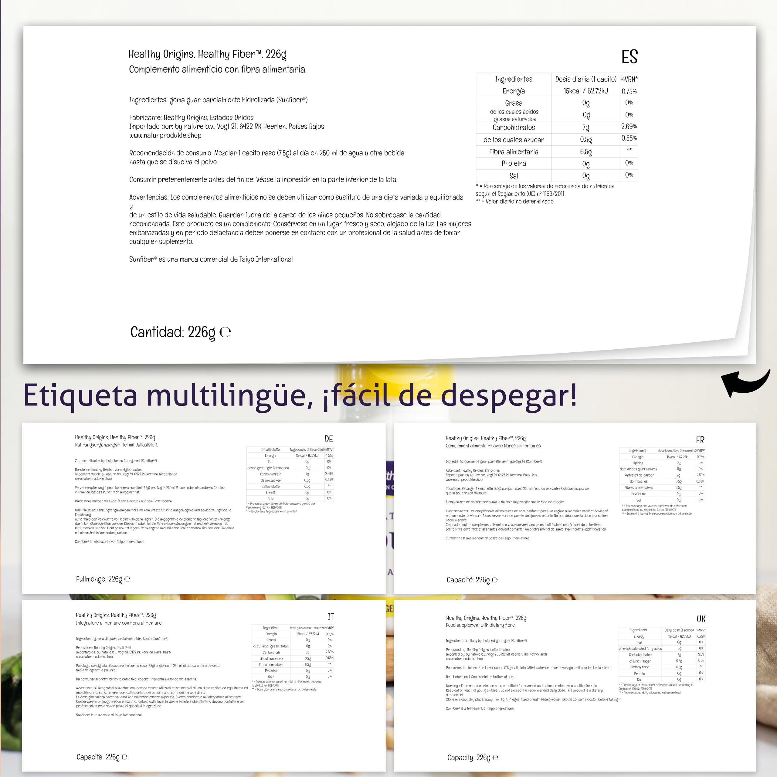 Healthy Origins, Fibra Natural Saludable, Fibra Dietética de la Goma Guar, 226g Polvo vegano, Probado en Laboratorio, Vegetariano, Sin Soja, Sin Gluten, No GMO